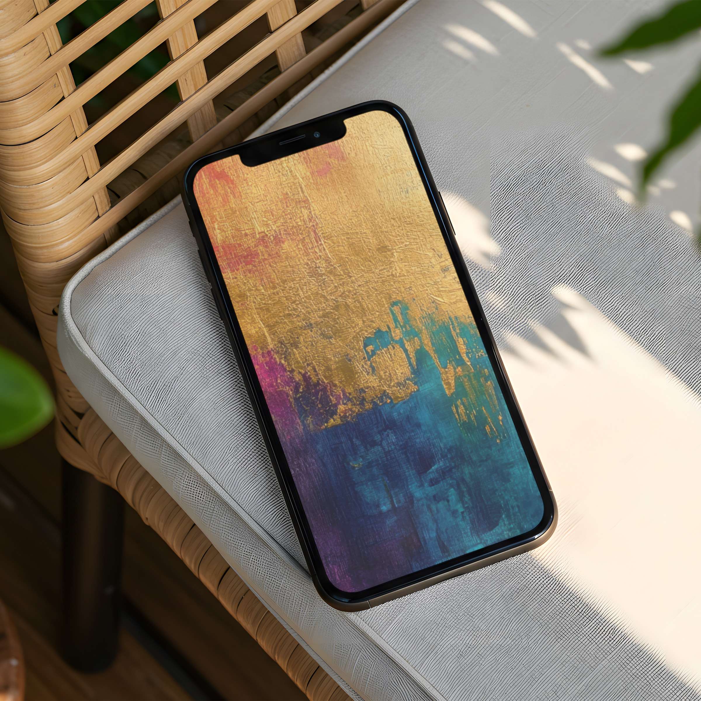Vibrant abstract iPhone background with golden hues on a woven chair offering instant download for a calm, elegant phone aesthetic