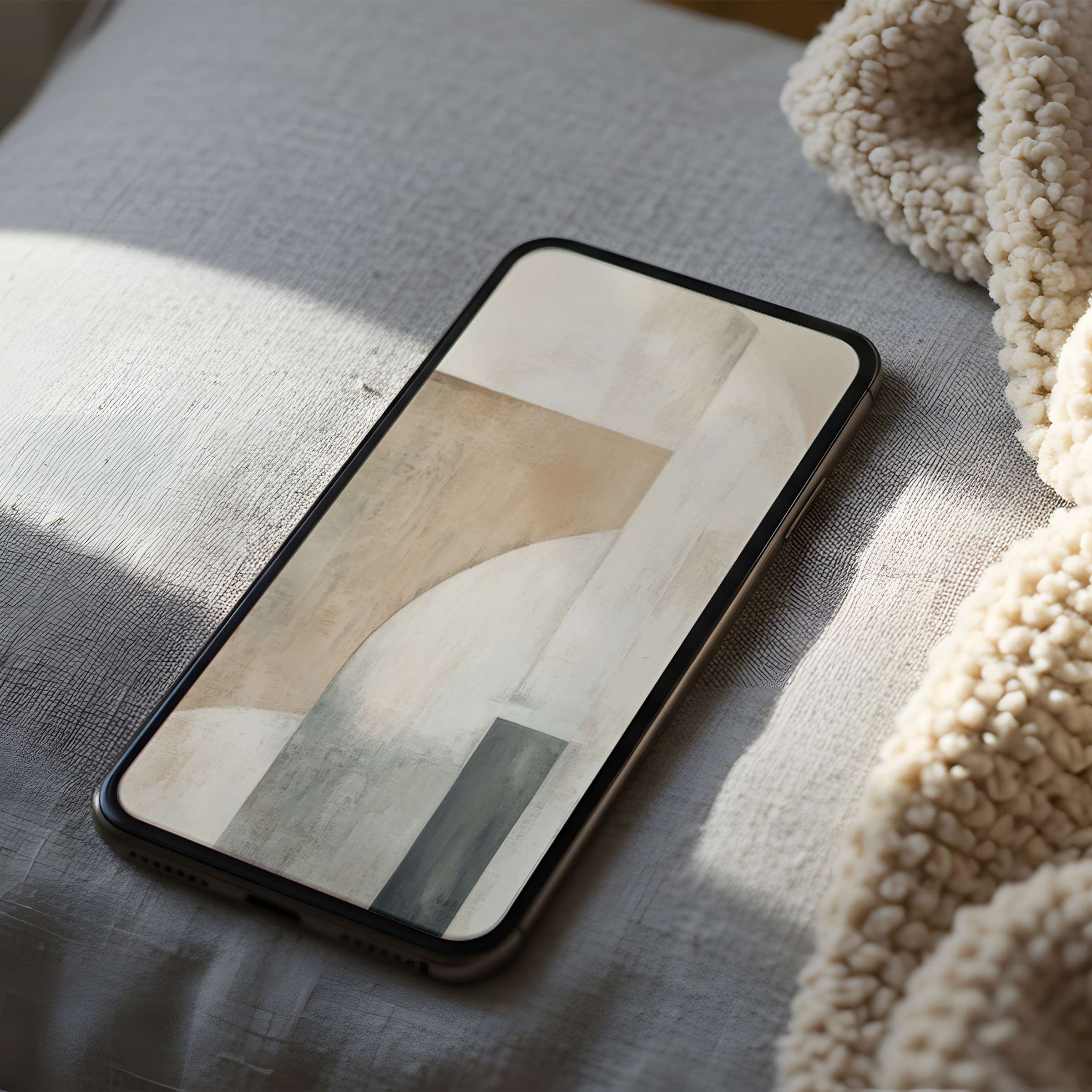 Elegant phone wallpaper featuring calming abstract arches in muted tones on a cozy bed, perfect for iPhone and Android digital download