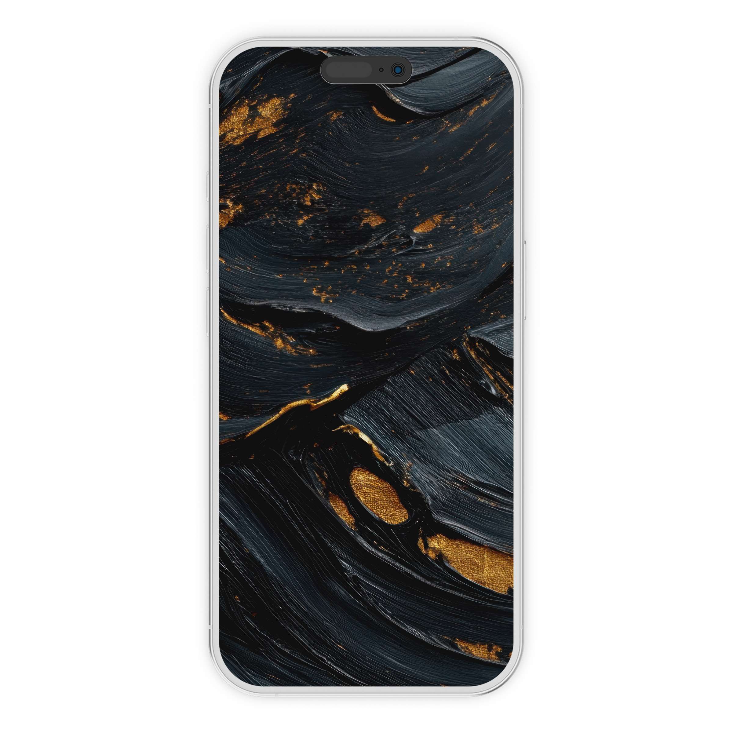 Elegant abstract iPhone wallpaper featuring deep black and gold brush strokes, perfect digital download for a luxurious phone background