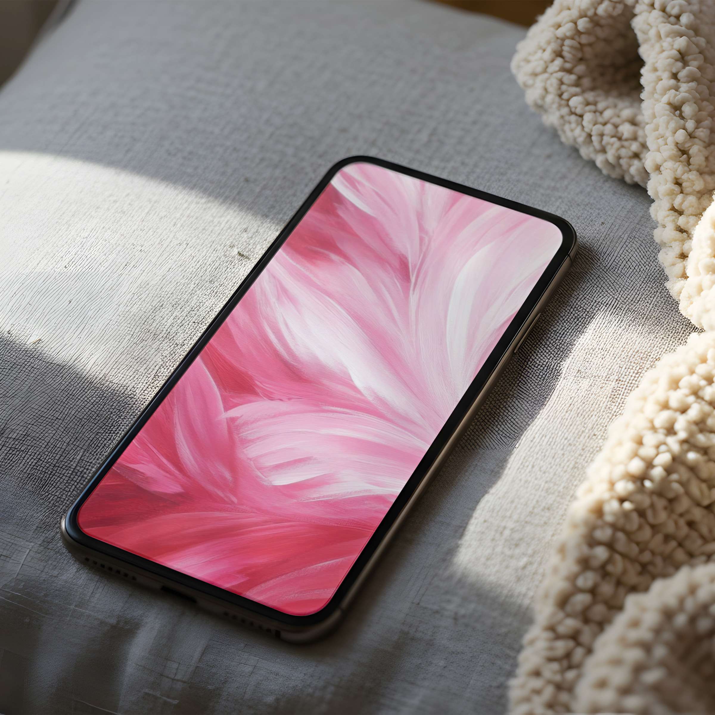 Elegant pink abstract phone wallpaper with soft feather-like strokes, ideal for serene iPhone display, high resolution digital download