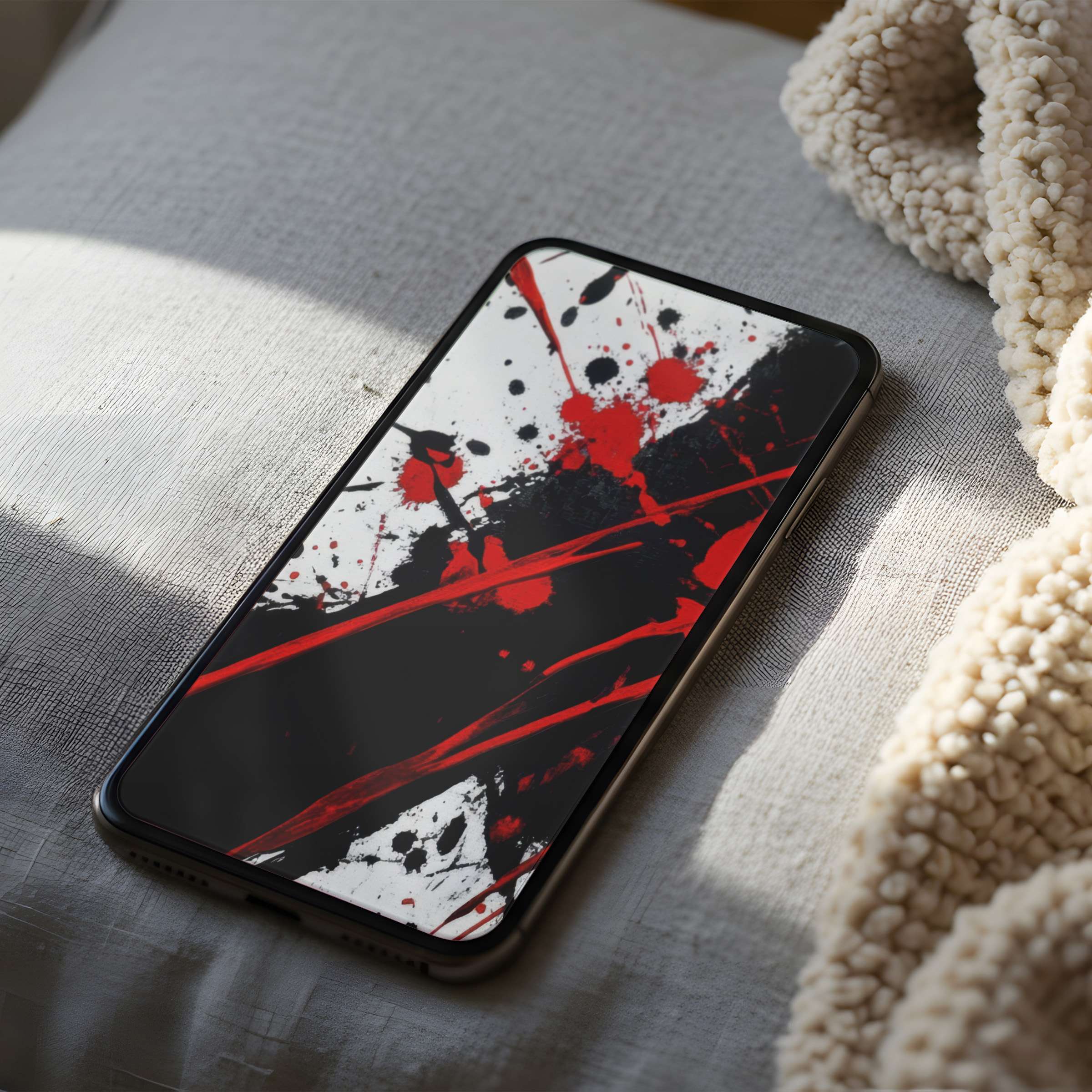 Dynamic abstract phone wallpaper with red and black brush strokes evokes bold creativity suitable for iPhone and android digital download