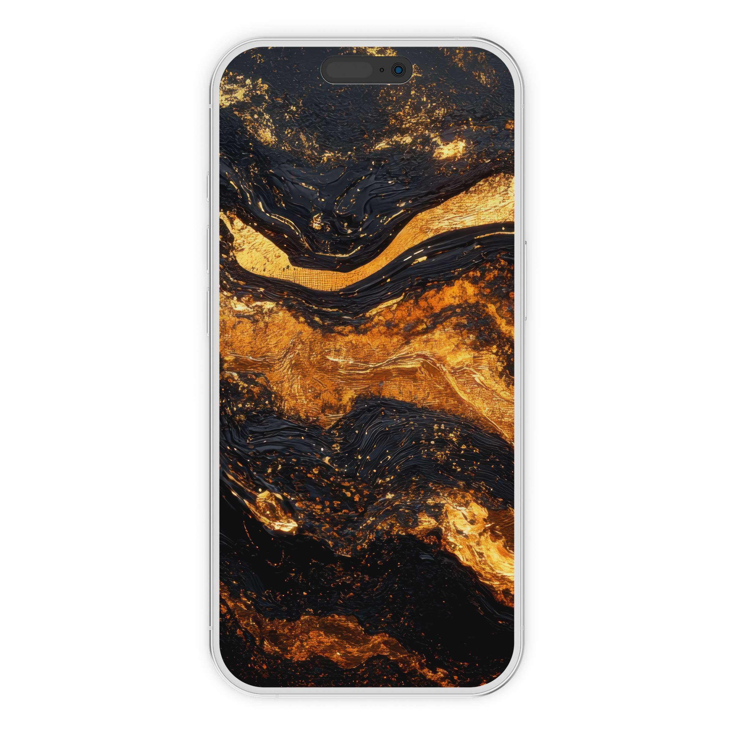 Elegant abstract iPhone wallpaper with swirling gold and black textures offers a calming phone background digital download suitable for all devices