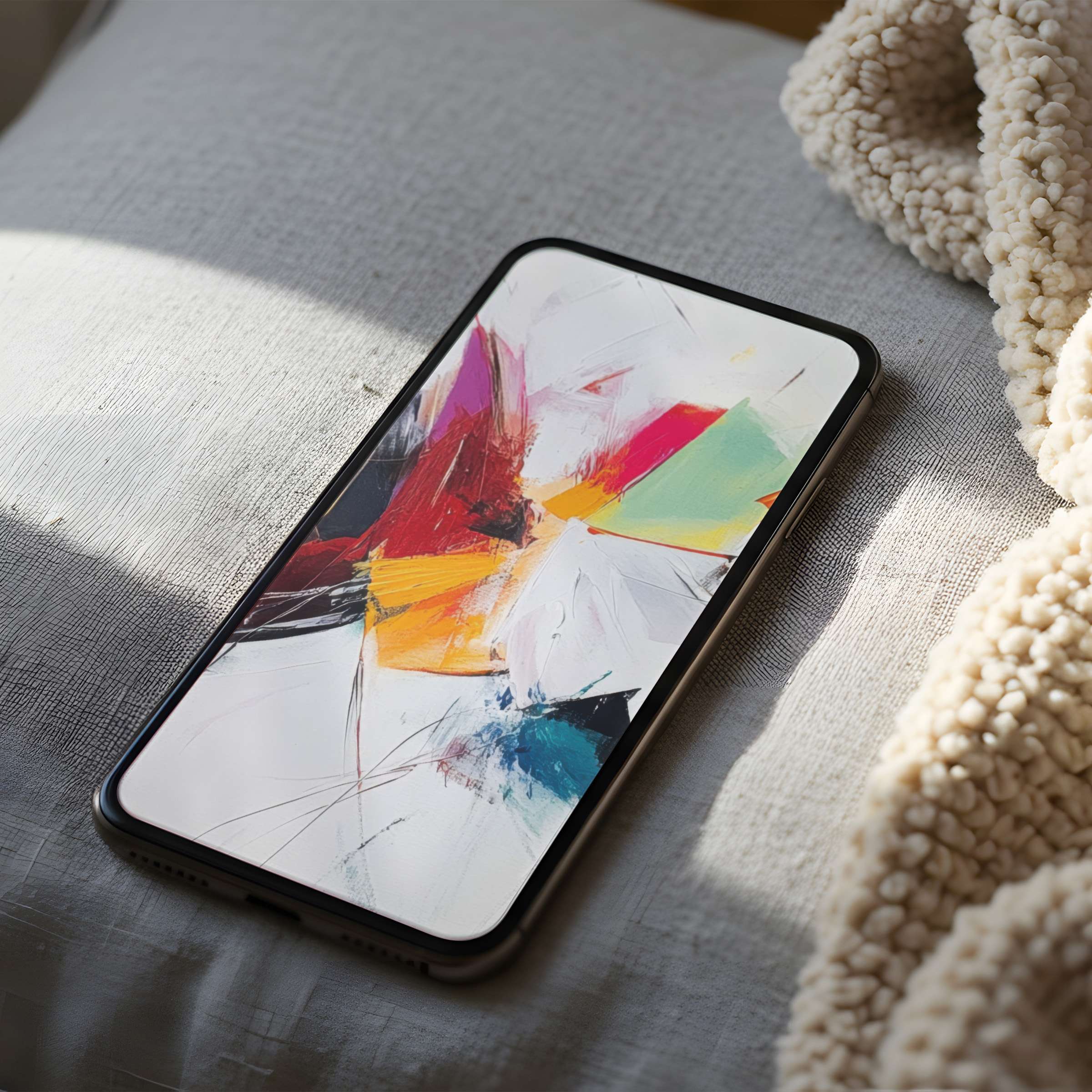 Vibrant abstract phone wallpaper on iPhone captures a stylish splash of color, enhancing a cozy, curated space with tranquility