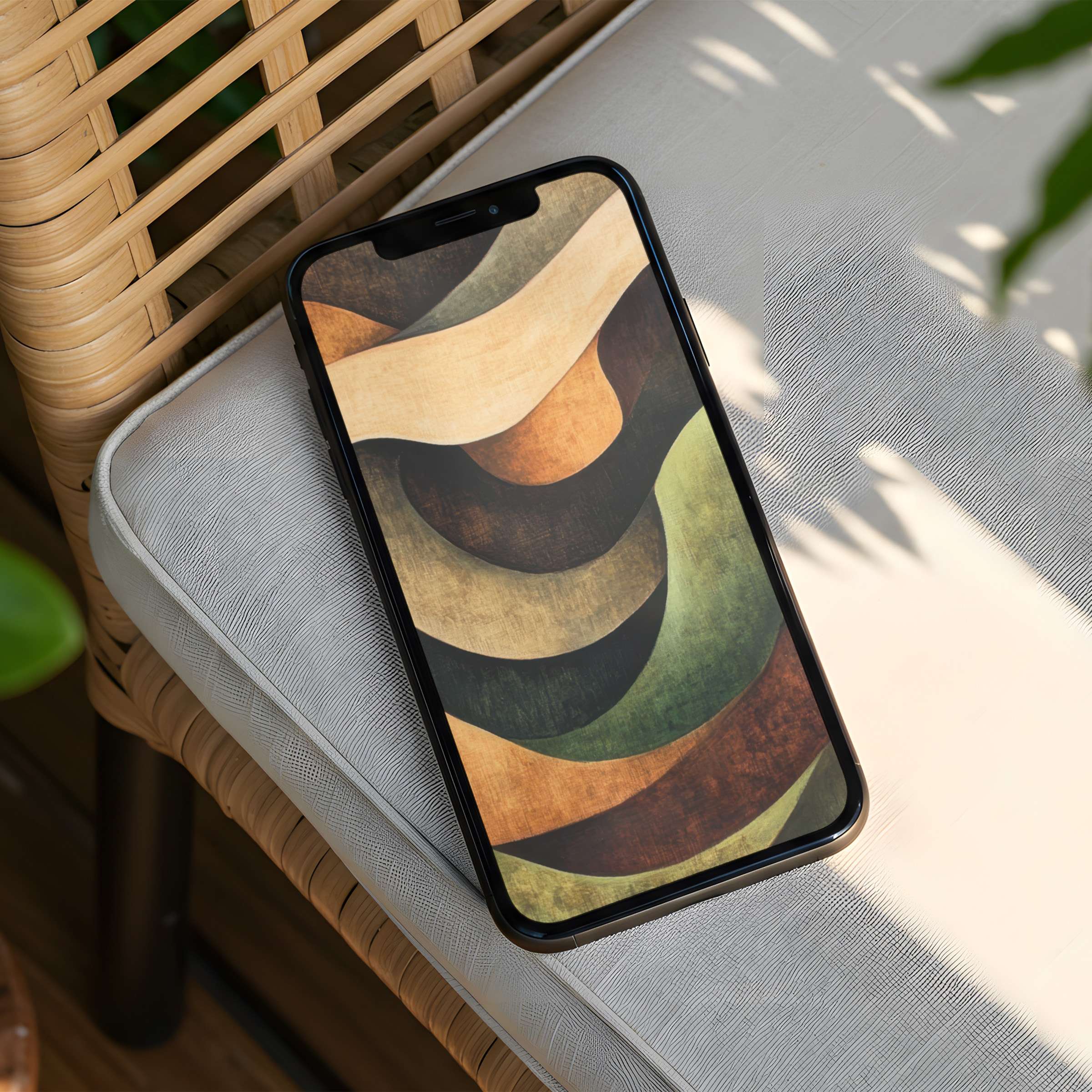 Warm earthy iPhone background on a phone with elegant abstract curves offers calm and inspiration instant download available