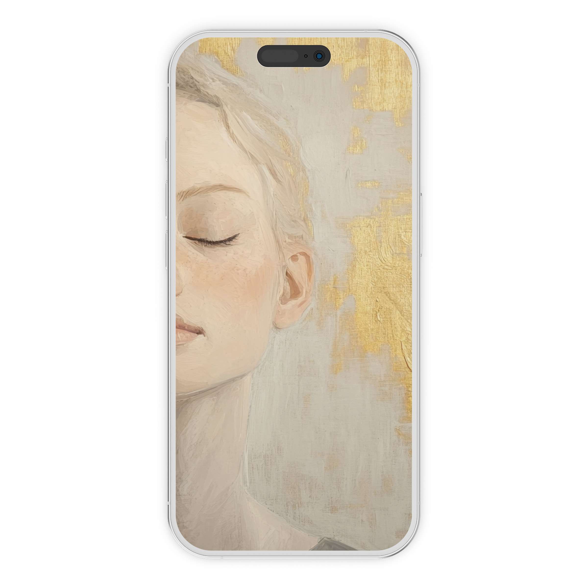 Elegant abstract iPhone wallpaper with serene portrait on a textured gold and white background perfect for phone digital download