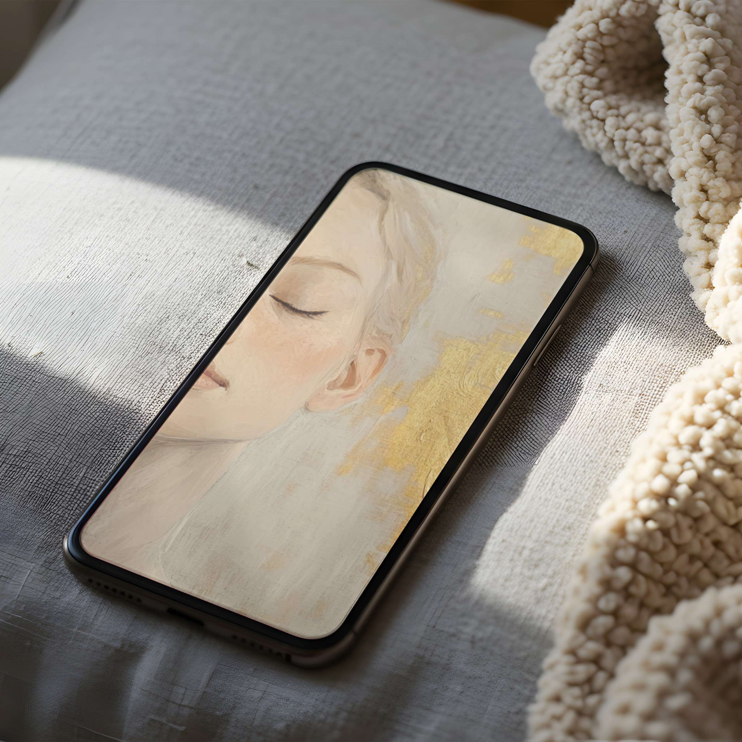 Serene digital art phone wallpaper with soft pastel hues and gold accents enhances tranquility, perfect for iPhone and Android users