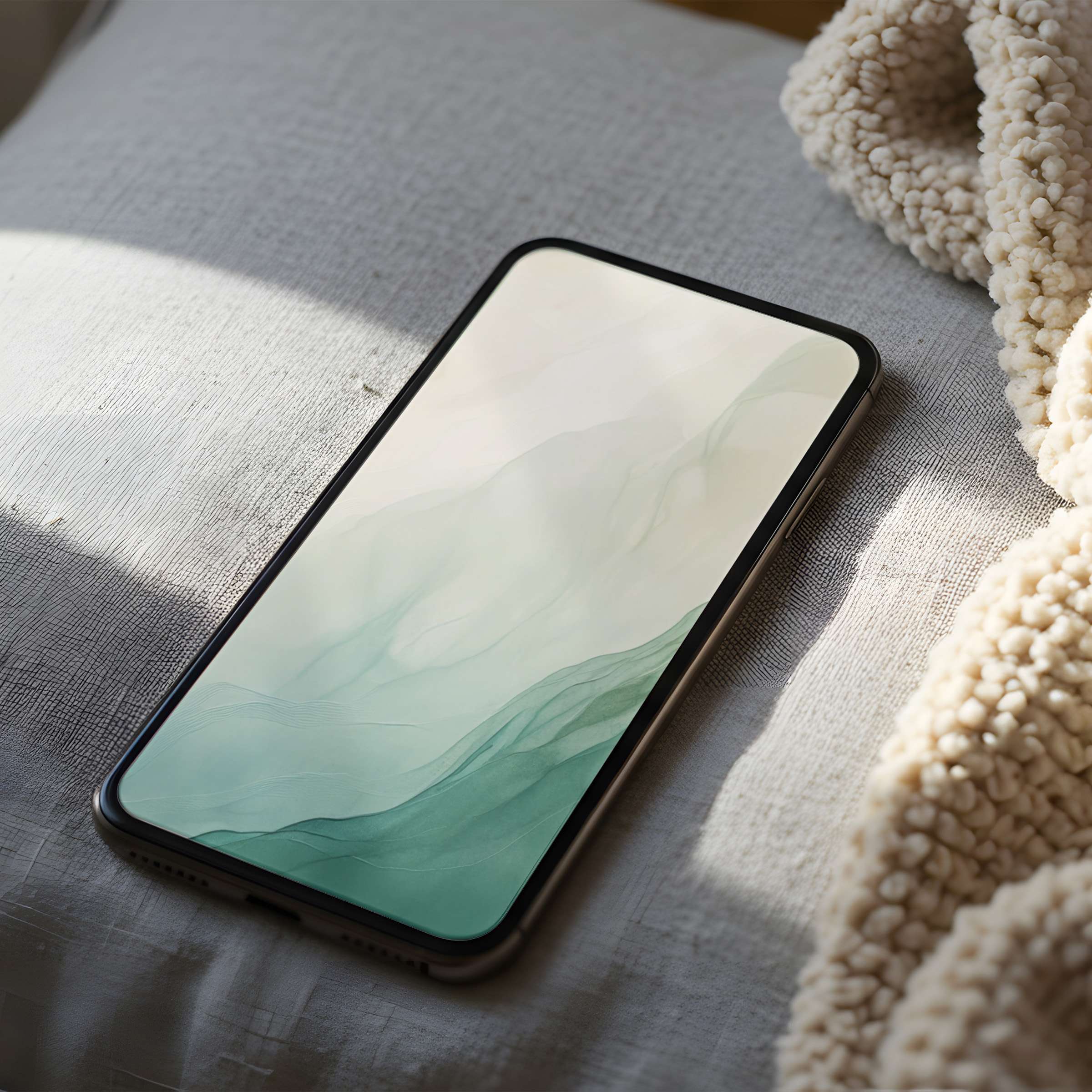 Serene green and cream abstract phone wallpaper, perfect for iPhone and Android, offers a calming, high-resolution digital download