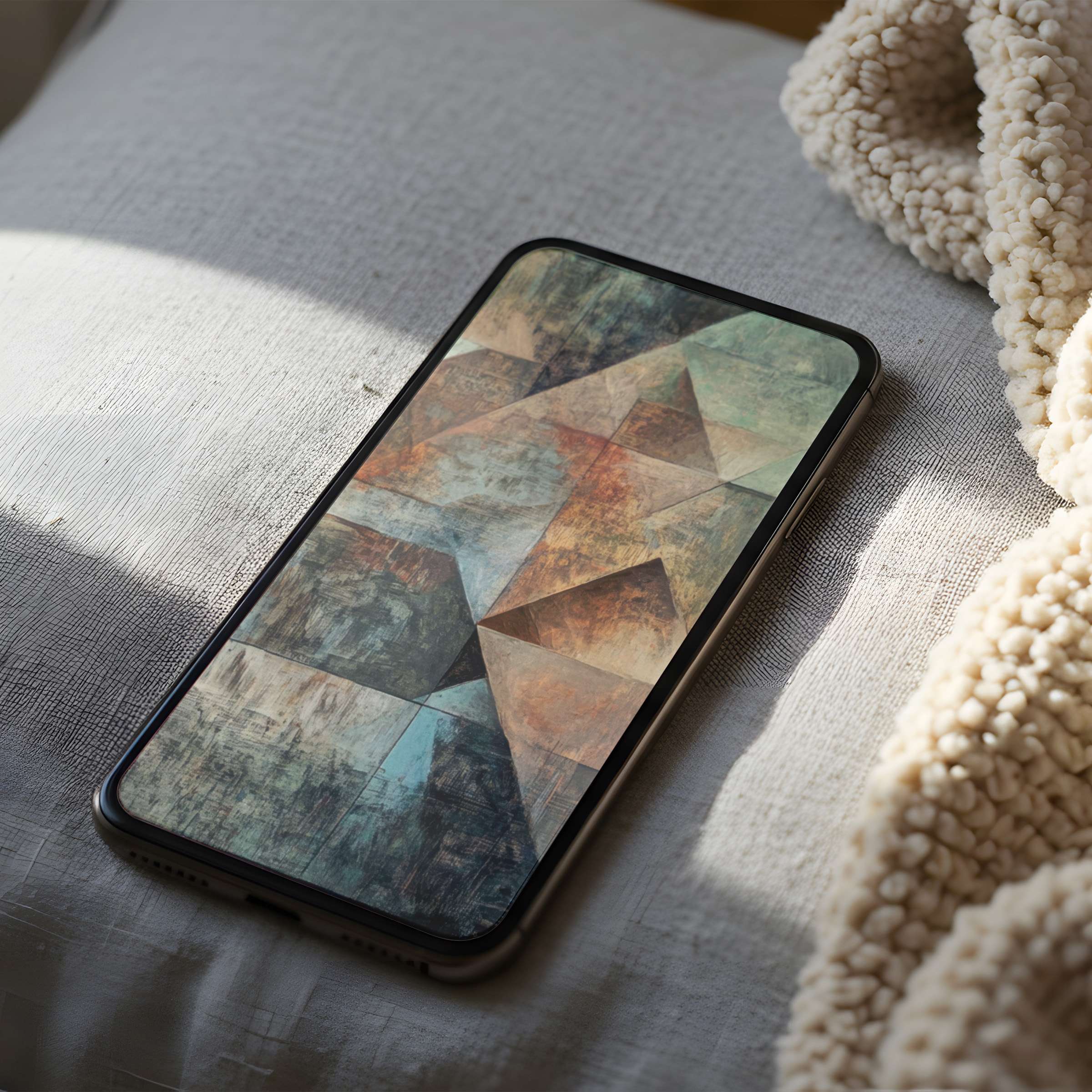 Calming geometric phone wallpaper in warm earthy tones on a high resolution iPhone suitable for Android digital download users