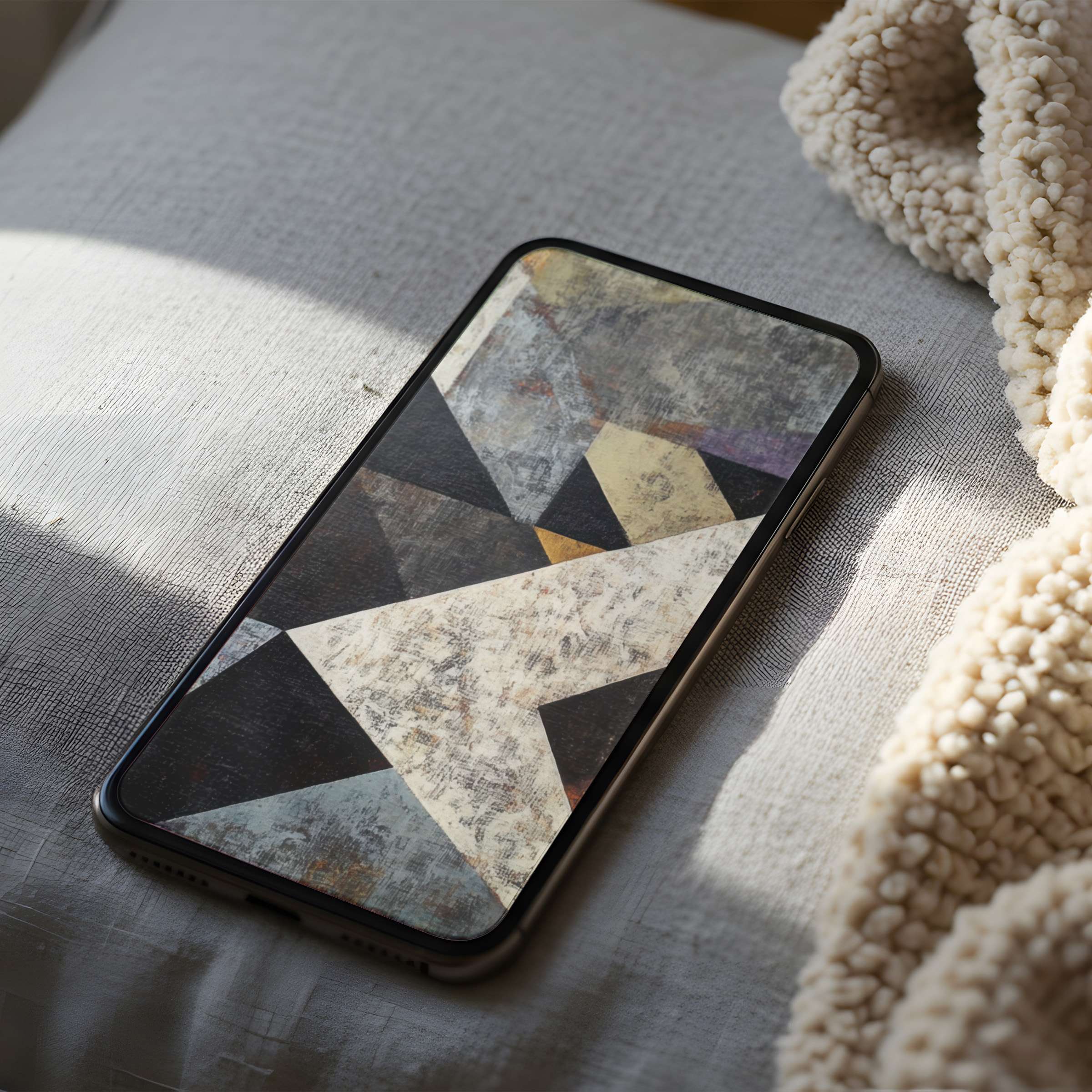 Geometric abstract phone wallpaper in muted tones enhances elegance for iPhone and Android use in serene environments, high resolution