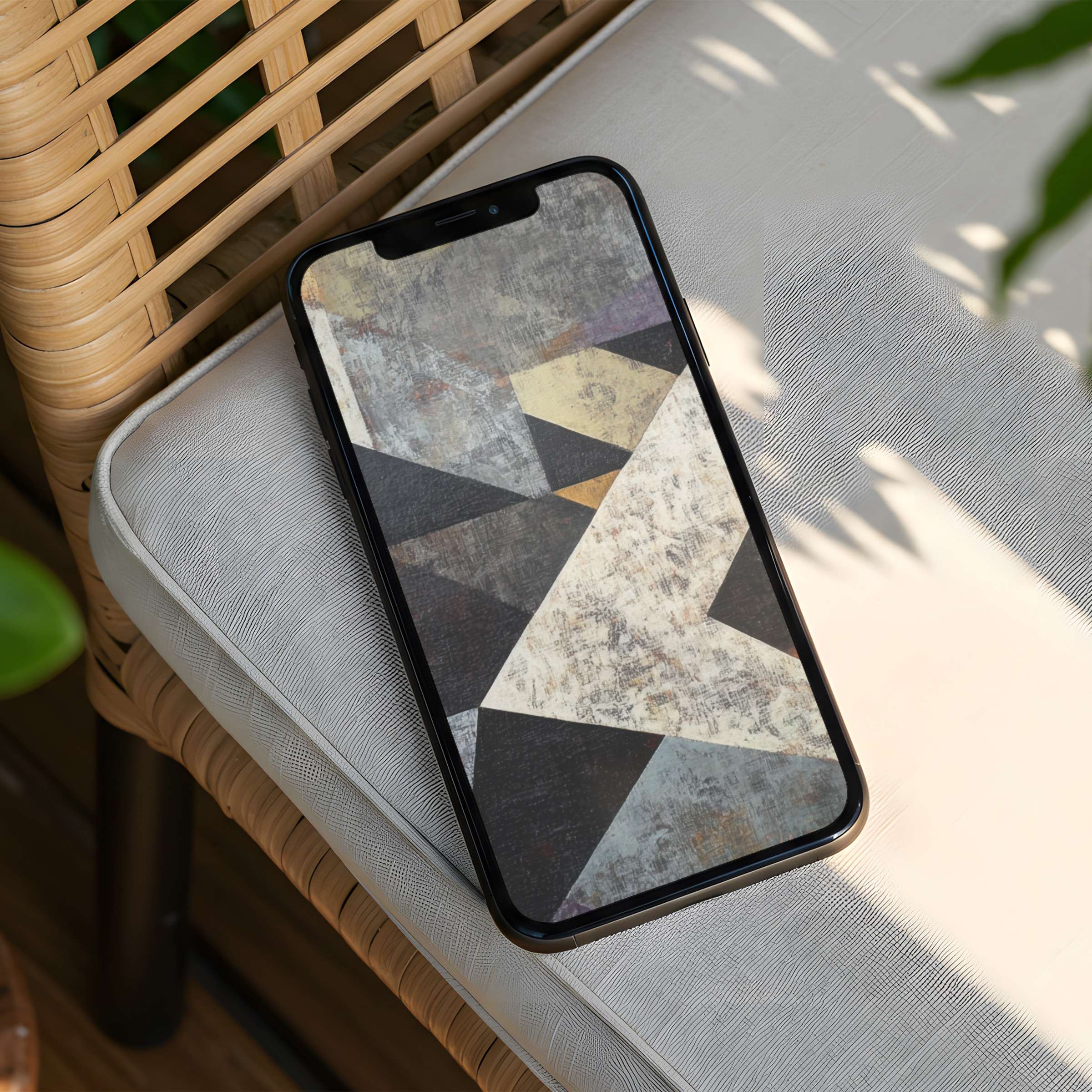 Geometric abstract iPhone background with earthy tones on a modern wicker chair offers elegance and calm instant download for any phone