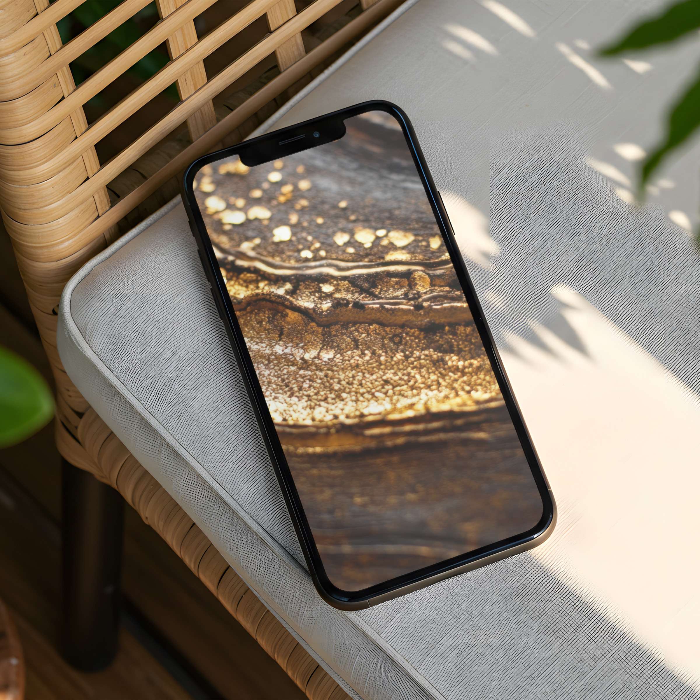 Elegant abstract gold design iPhone background on chair brings calm mindfulness to your phone with instant download for Android too