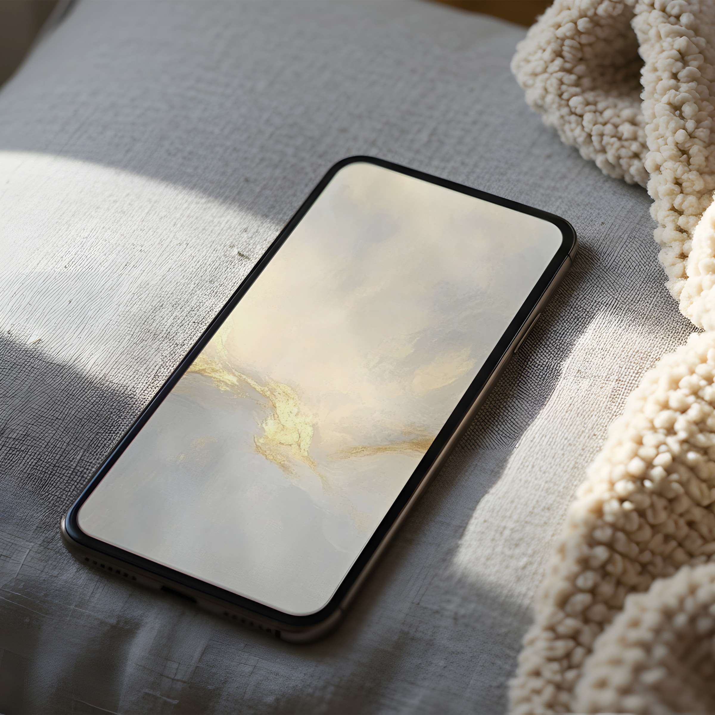 Elegant abstract phone wallpaper with soft gold and white hues inspires serenity; perfect for iPhone and Android digital download