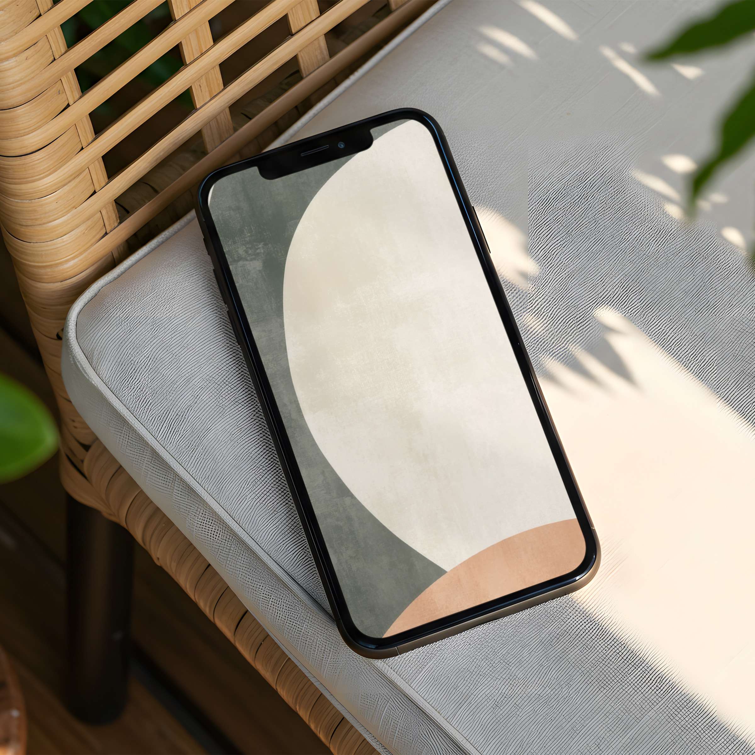 Elegant iPhone background featuring calming abstract shapes on wicker chair enhances mindfulness and aesthetics with instant download for any phone