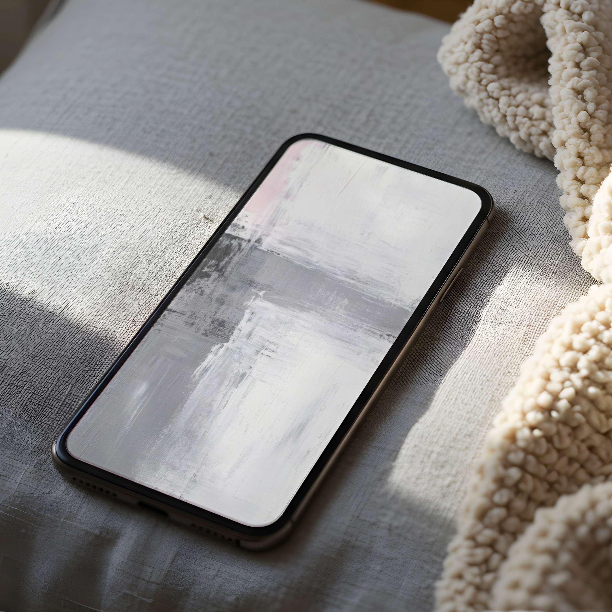 Elegant phone wallpaper featuring abstract gray and white brushstrokes evokes tranquility, suitable for high-resolution iPhone and Android download