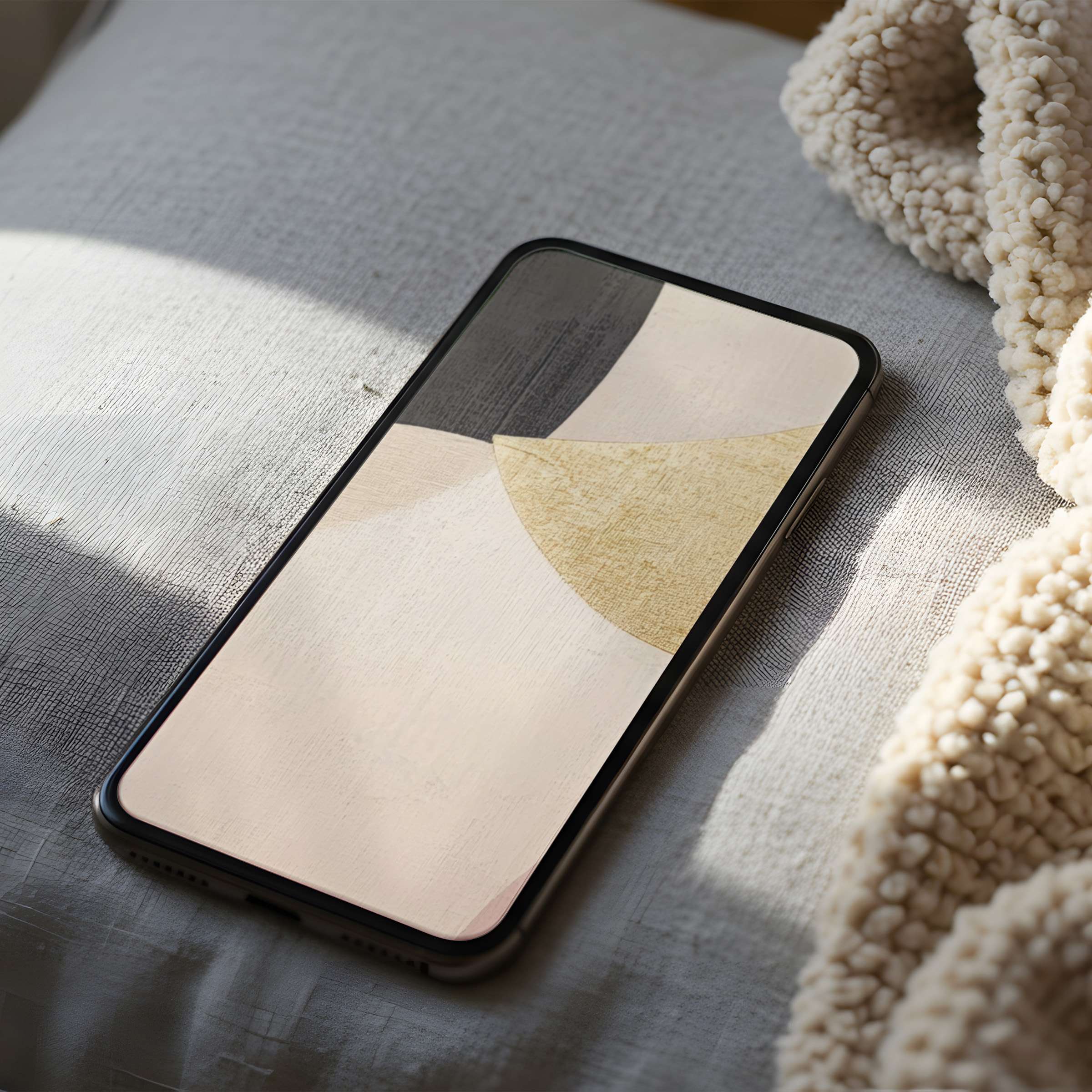 Elegant abstract phone wallpaper with soft beige, black, and gold geometric shapes, perfect for iPhone and Android, enhancing calm aesthetics
