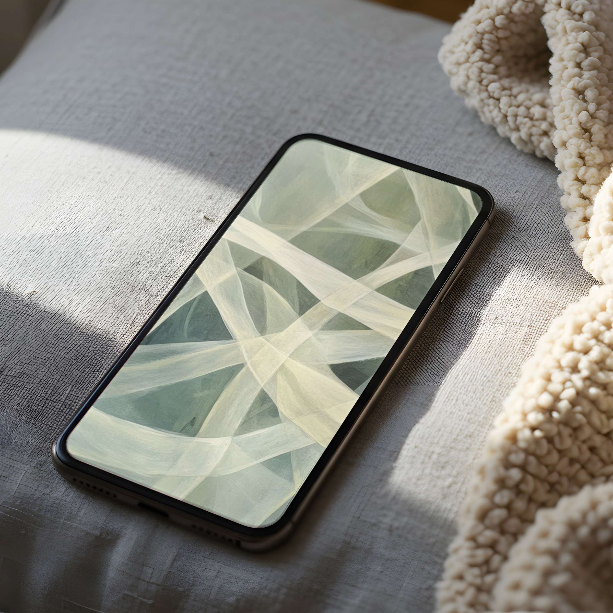 Elegant abstract phone wallpaper in soft green and cream hues offers a high resolution digital download for iPhone or Android users