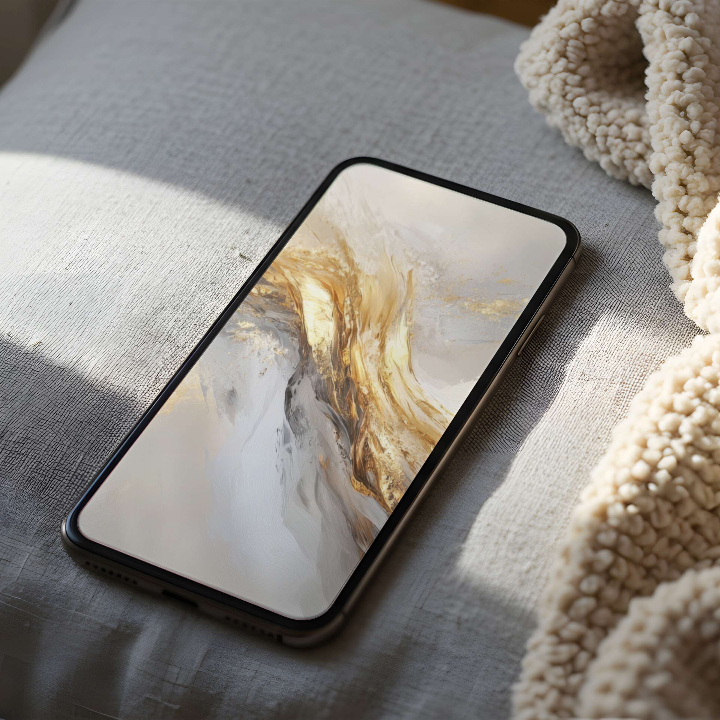 Elegant abstract phone wallpaper in gold and white hues, perfect for high-resolution digital download on iPhone and Android devices
