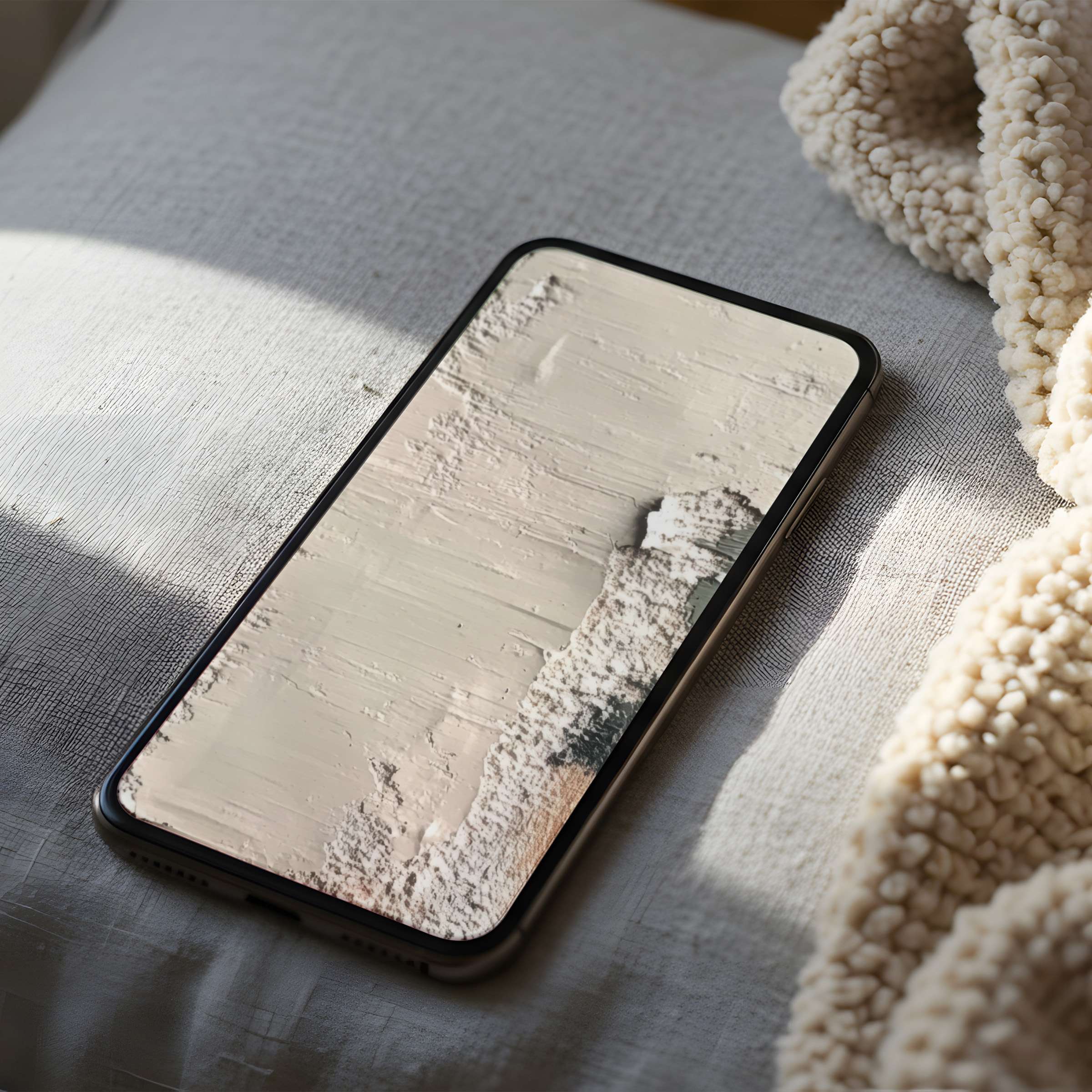 Elegant phone wallpaper showcasing serene textured artwork in soft neutrals, perfect for high-resolution digital download on iPhone and Android