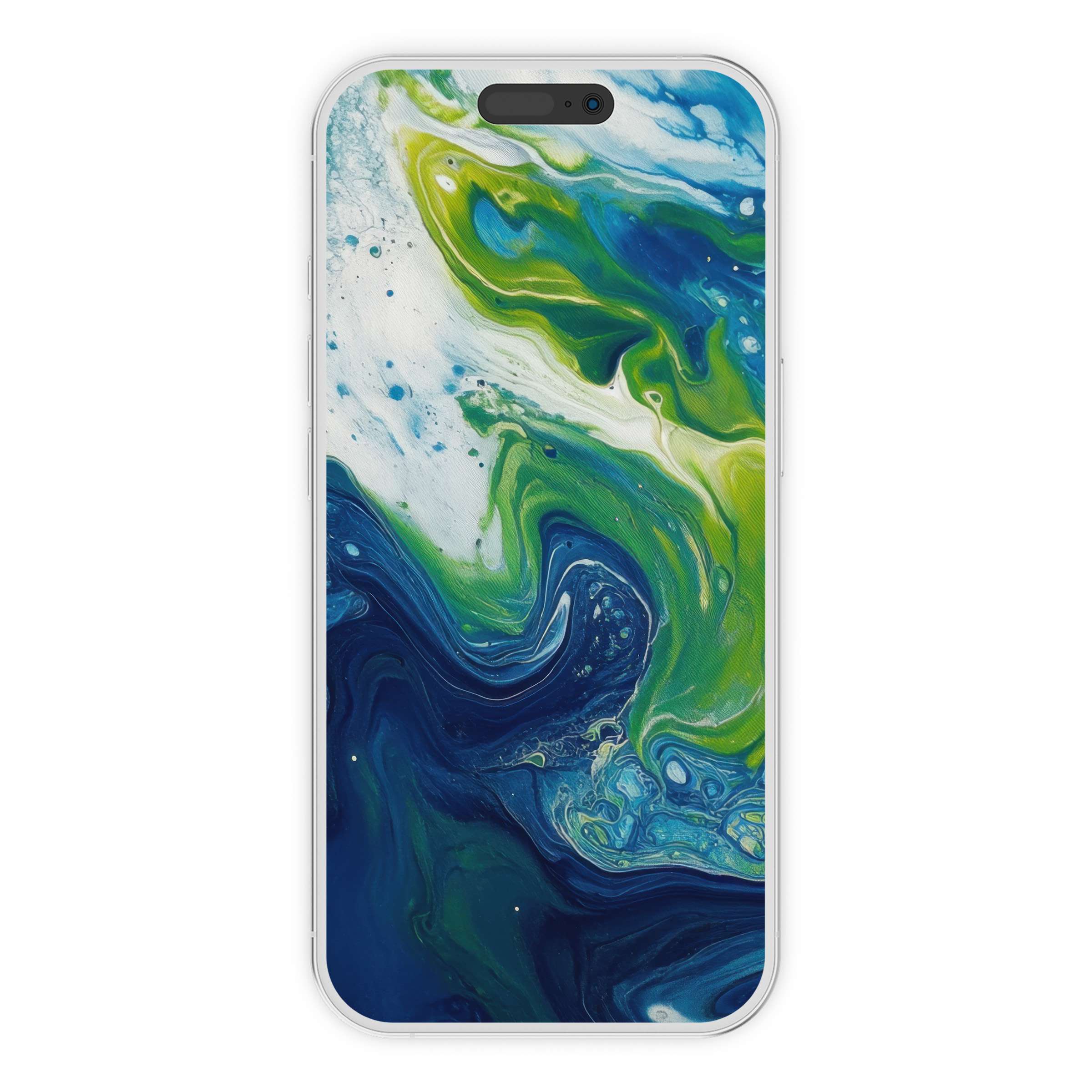 Vibrant abstract iPhone wallpaper in swirling blue and green tones, offering a serene phone background for digital download on Android