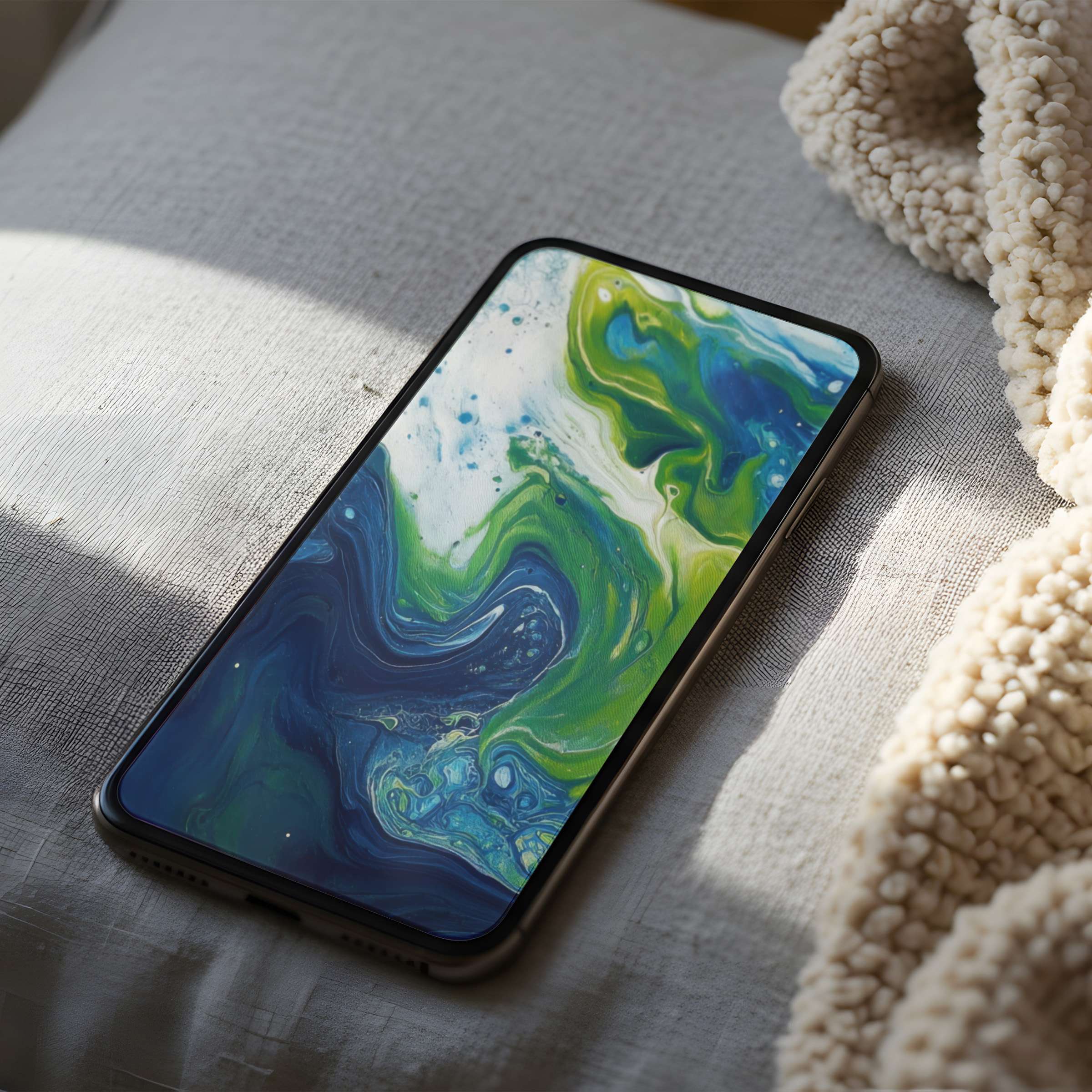 Elegant phone wallpaper with vibrant blue and green abstract design offers high resolution for both iPhone and Android phones