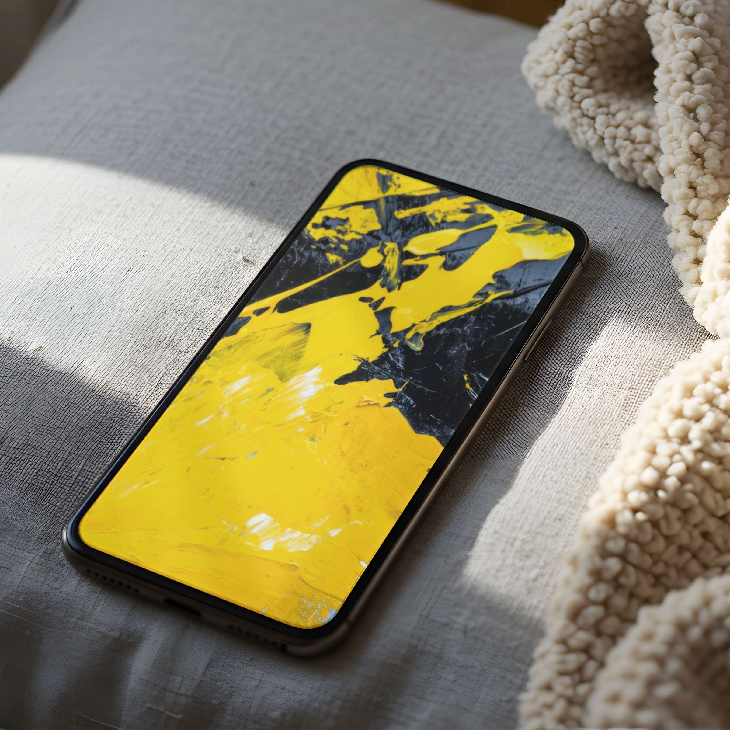 Elegant phone wallpaper featuring high-resolution abstract yellow and black brushstrokes, perfect for iPhone and Android digital download