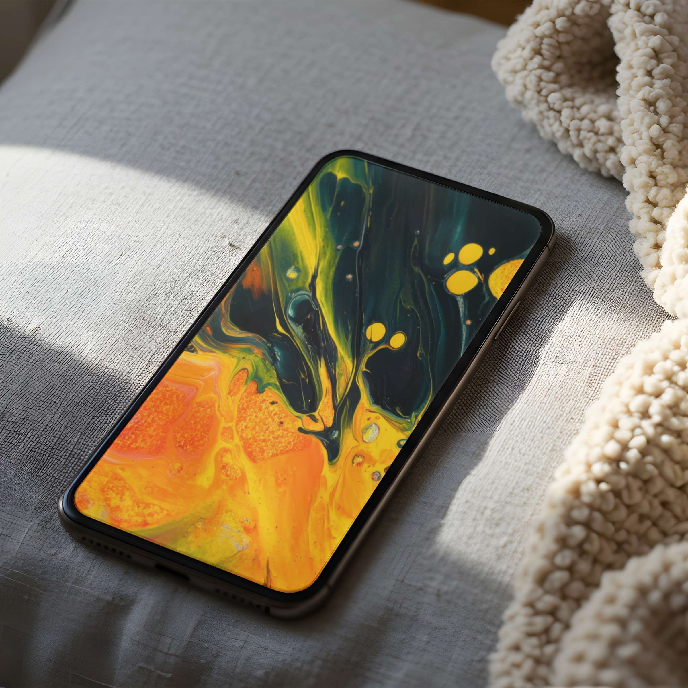 Vivid abstract phone wallpaper with yellow and green swirls, perfect for iPhone and Android, offering a serene, high-resolution ambiance