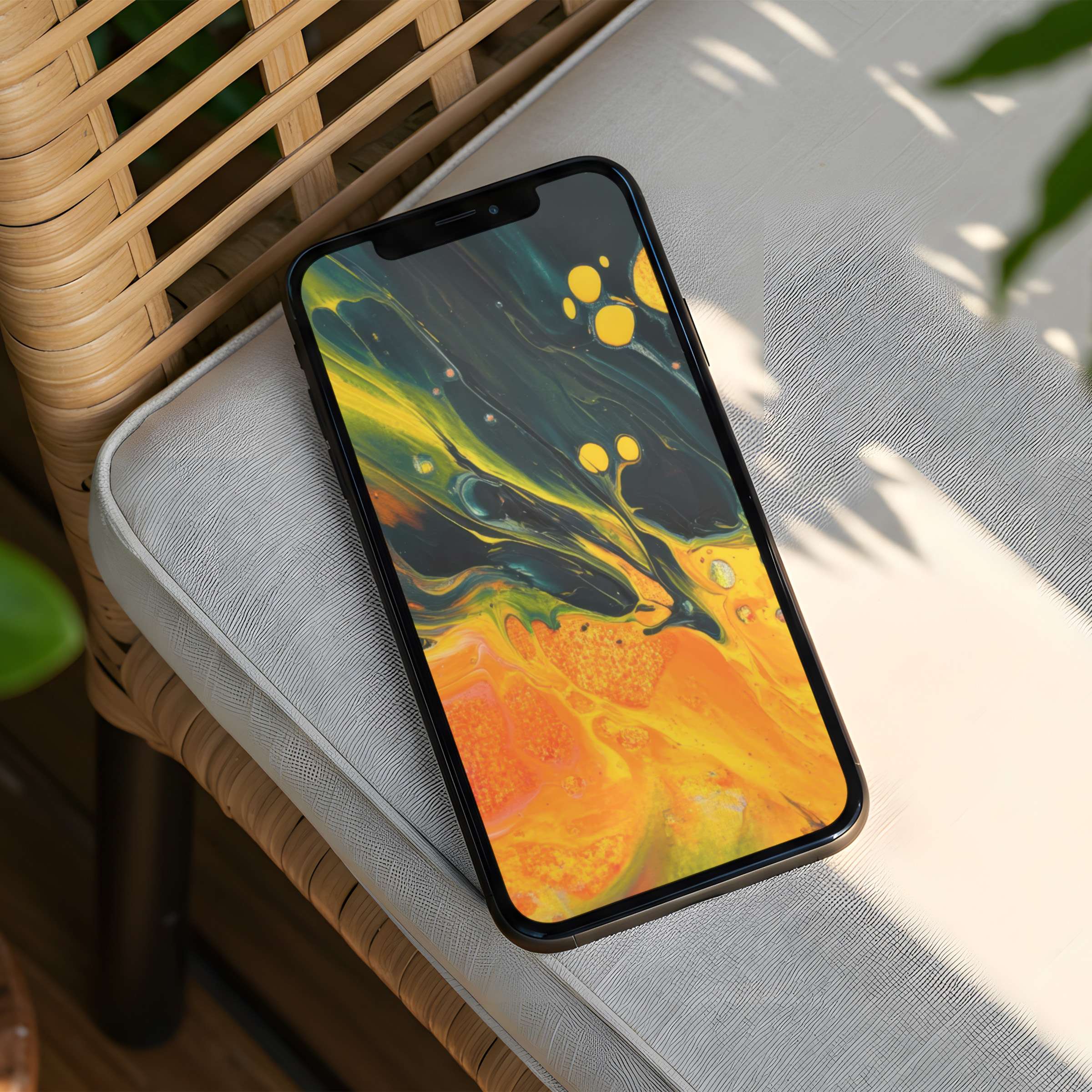 Elegant abstract iPhone background in yellow and teal swirls offers instant download for phones inspiring calm and mindfulness