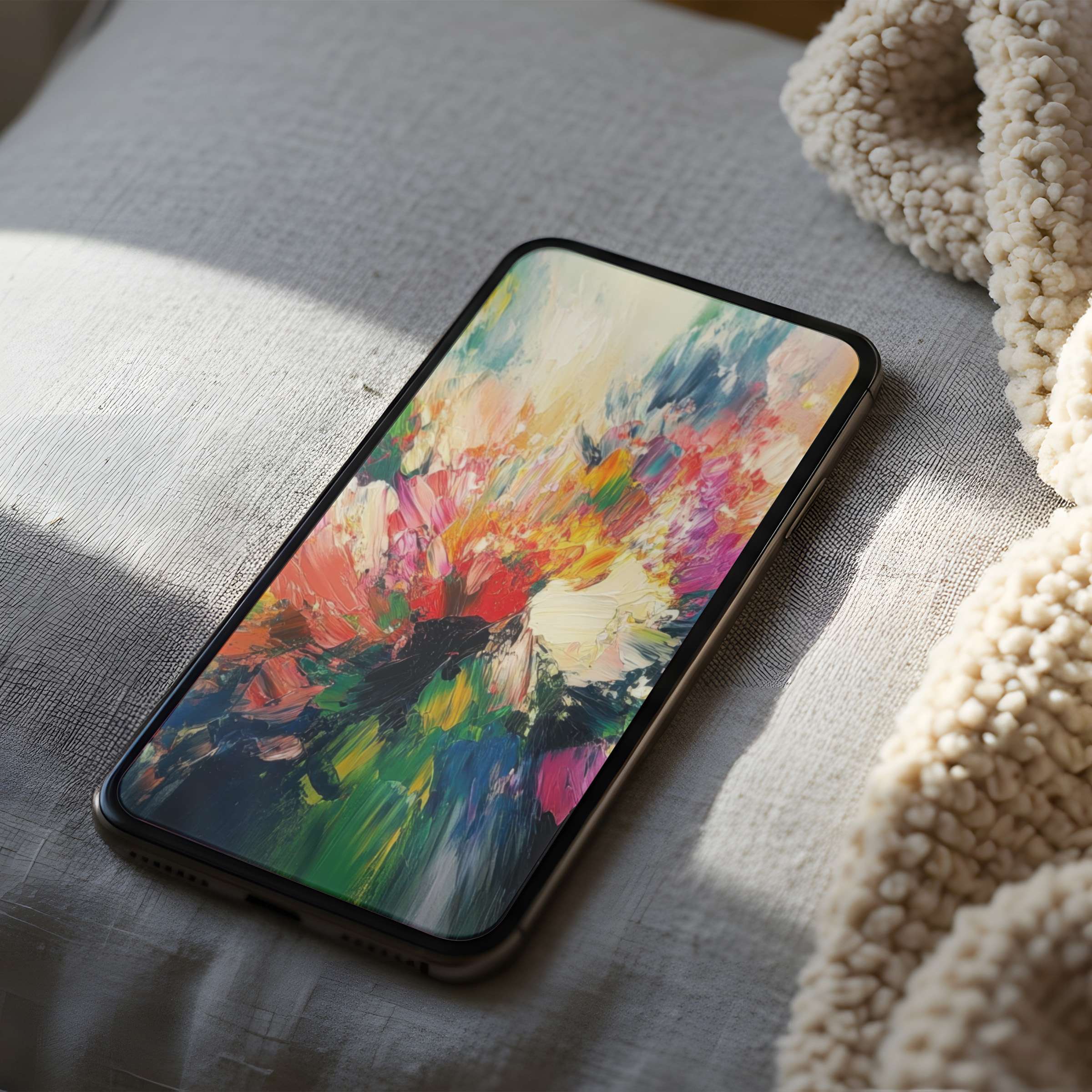 Curated phone wallpaper featuring vibrant abstract brushstrokes elevates your iPhone experience with high resolution and tranquility