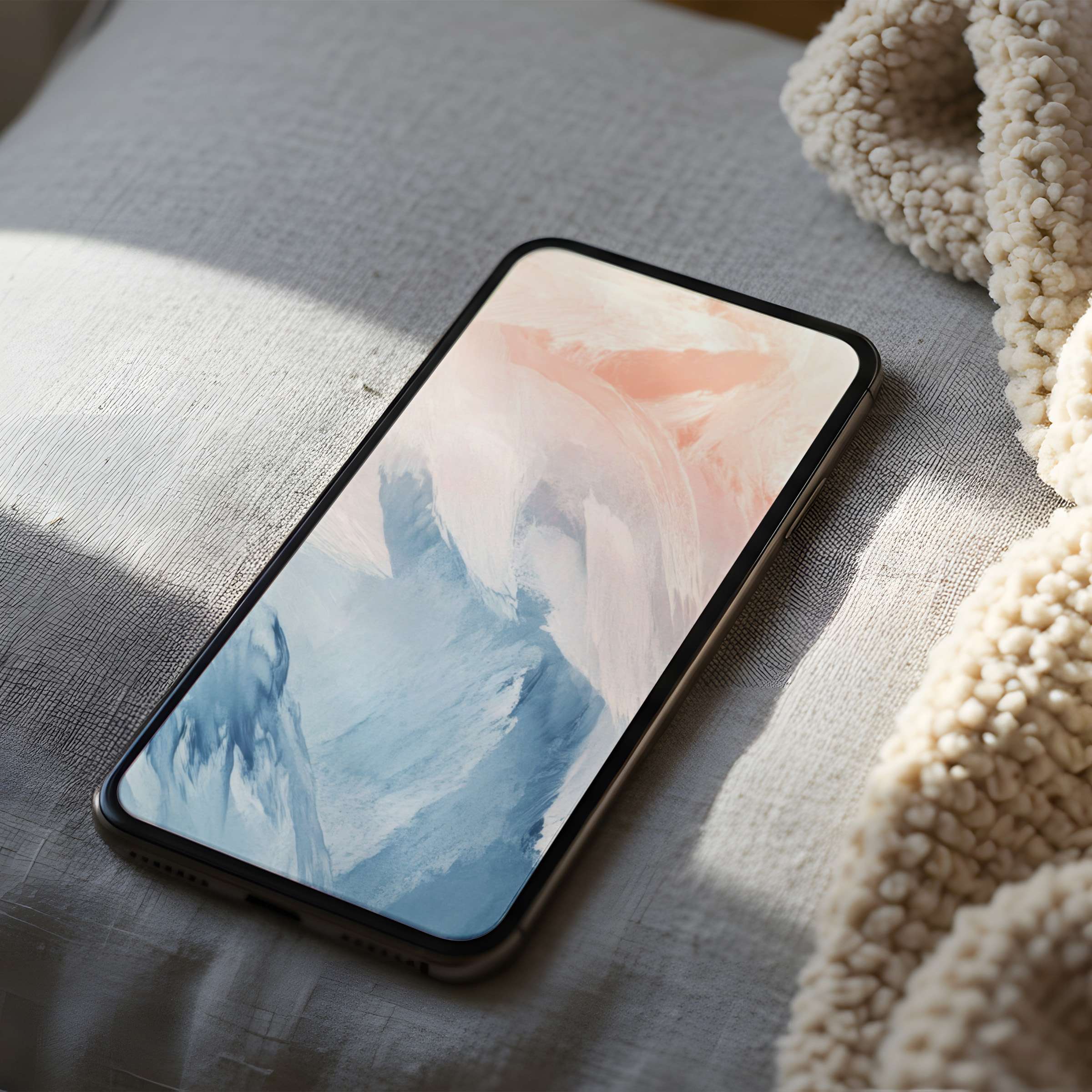 Elegant abstract pastel phone wallpaper with calming blue and peach tones, high resolution for iPhone and Android digital download