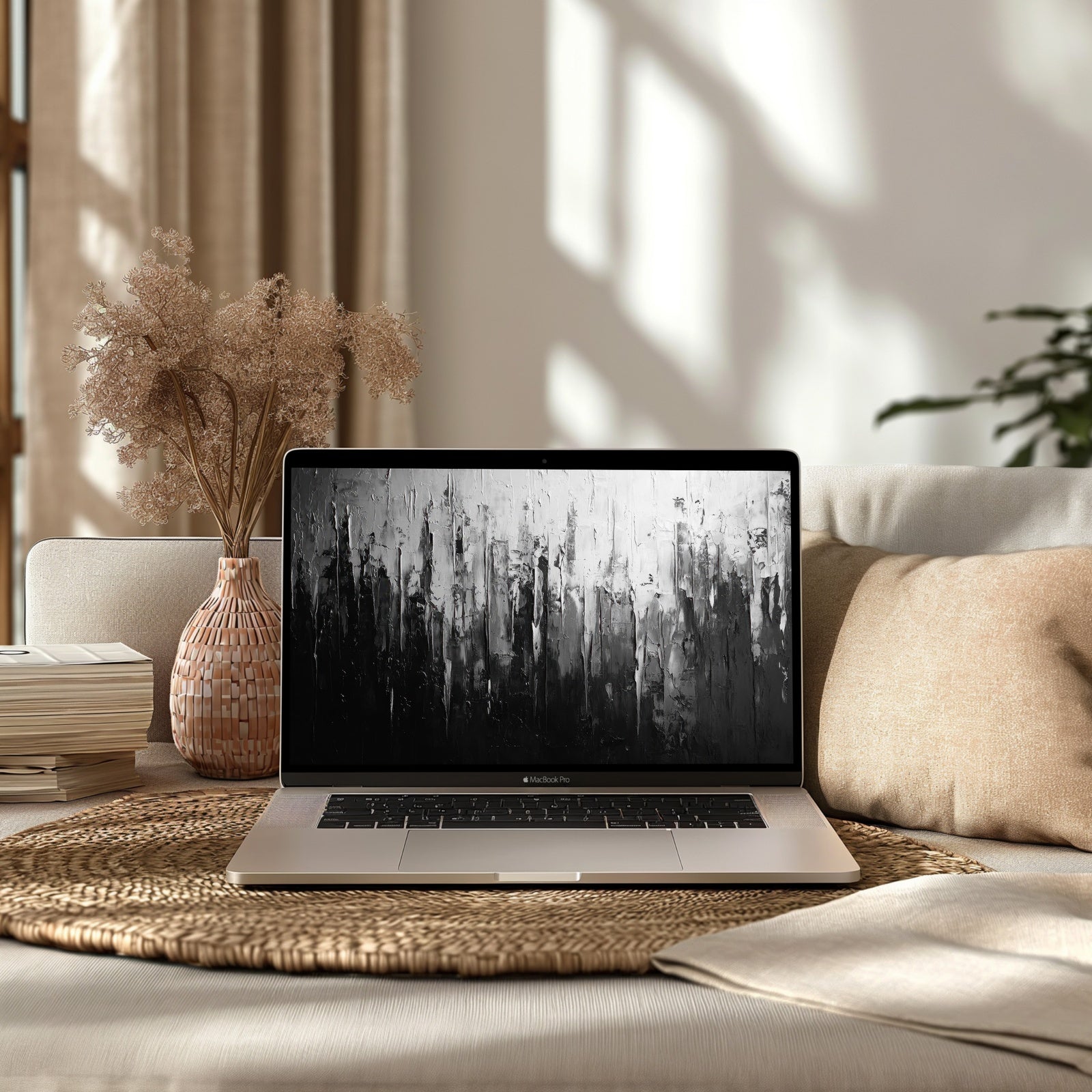 Abstract Desktop Wallpaper on Laptop in modern Living Room