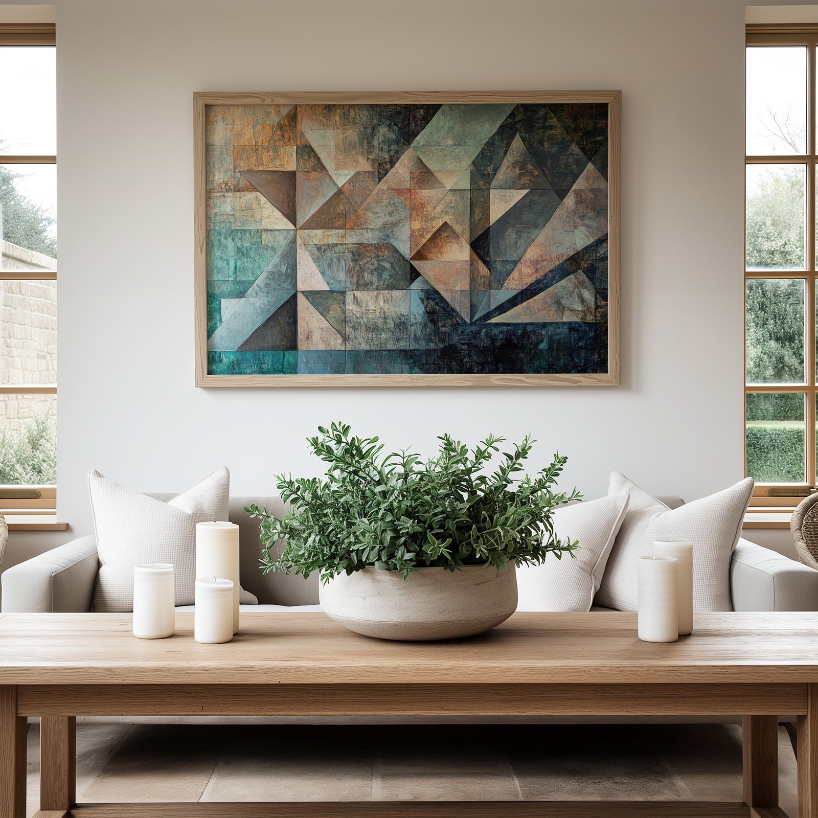 Abstract digital wall art featuring geometric shapes in teal, copper, and brown tones, framed in light wood and displayed above a minimalist sofa in a bright modern living room