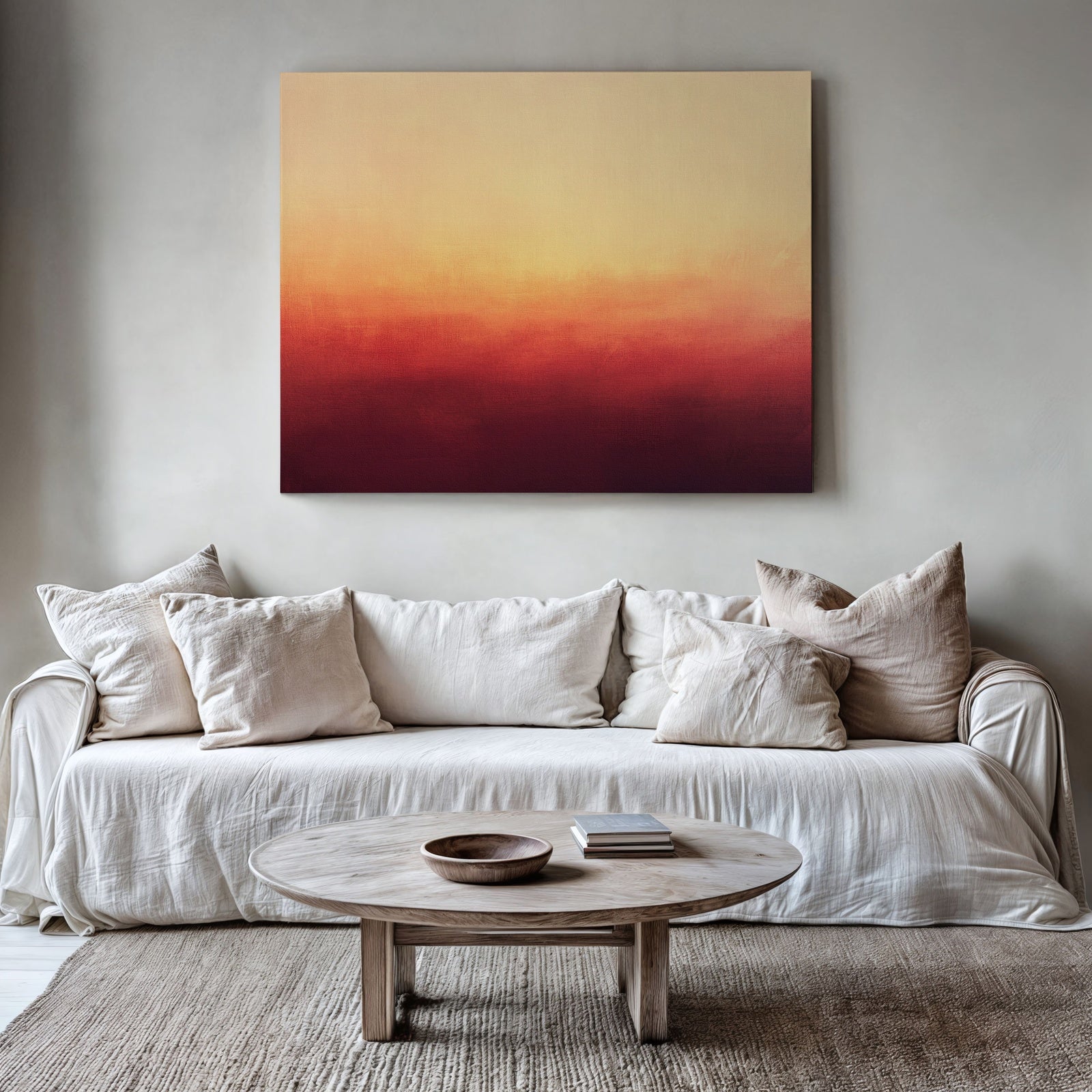Modern living room with neutral decor featuring a large abstract printable wall art in warm gradient tones of yellow, orange, and deep red, adding depth and warmth to the minimalist space