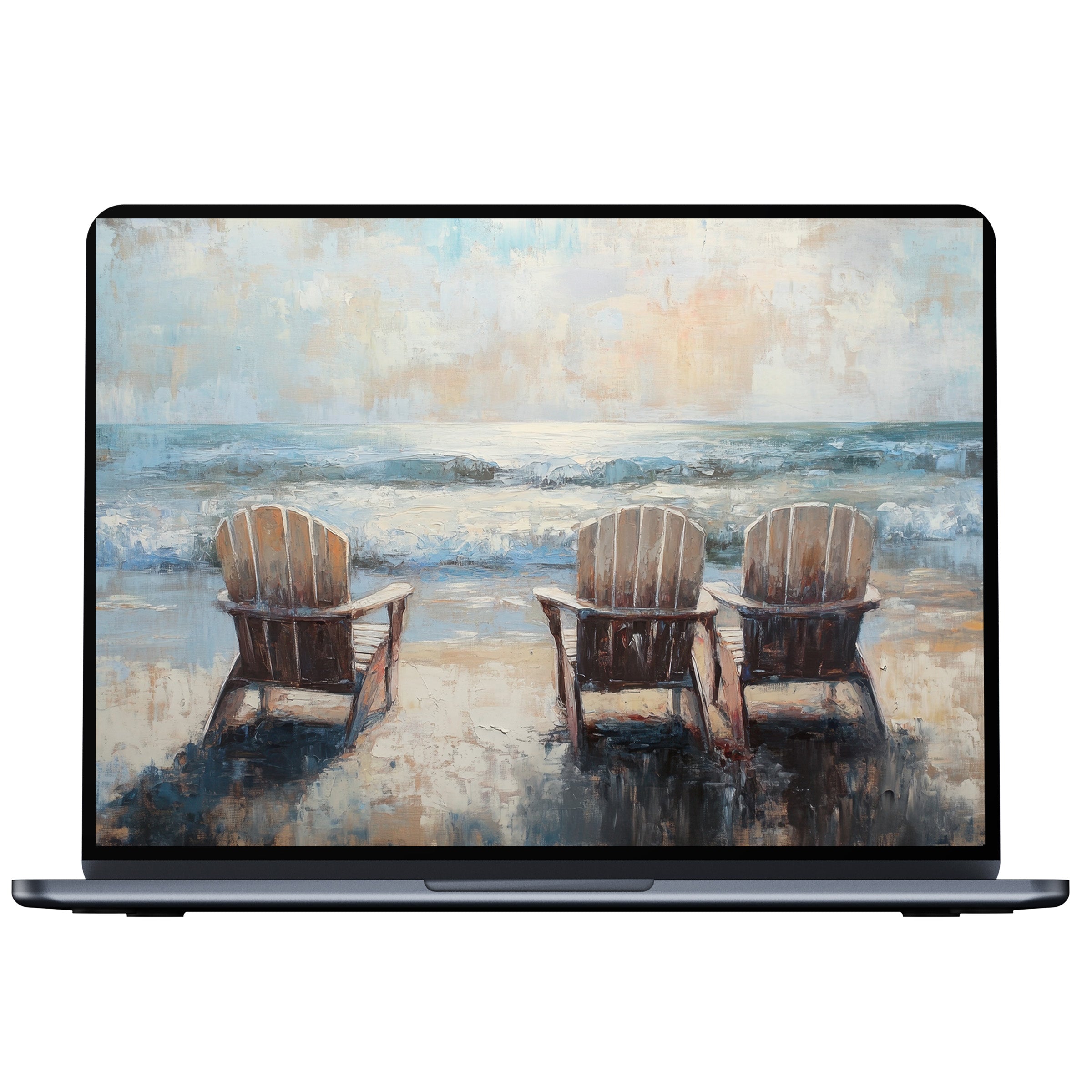 Beach desktop wallpaper featuring serene ocean waves and three chairs on sand inspires calmness on PC and laptop digital download