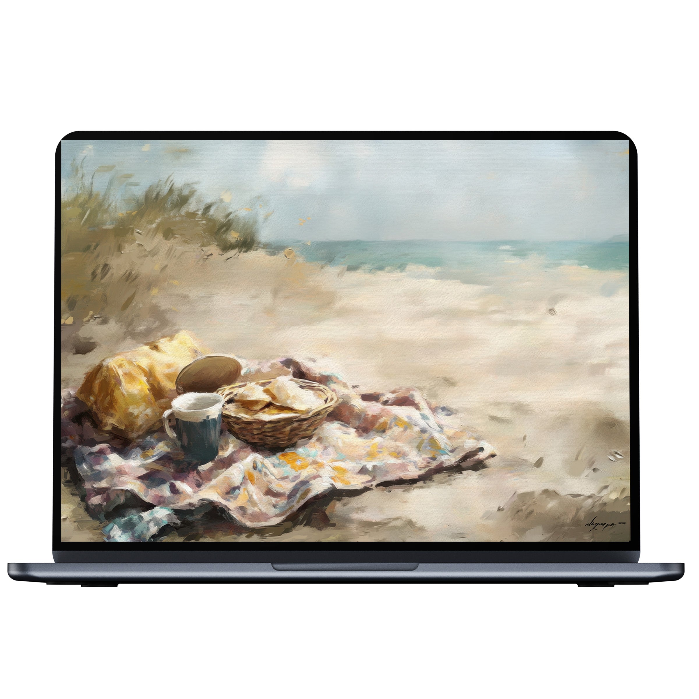 Inspiring beach desktop wallpaper digital download with serene picnic scene painted in soft hues for PC and laptop elegance