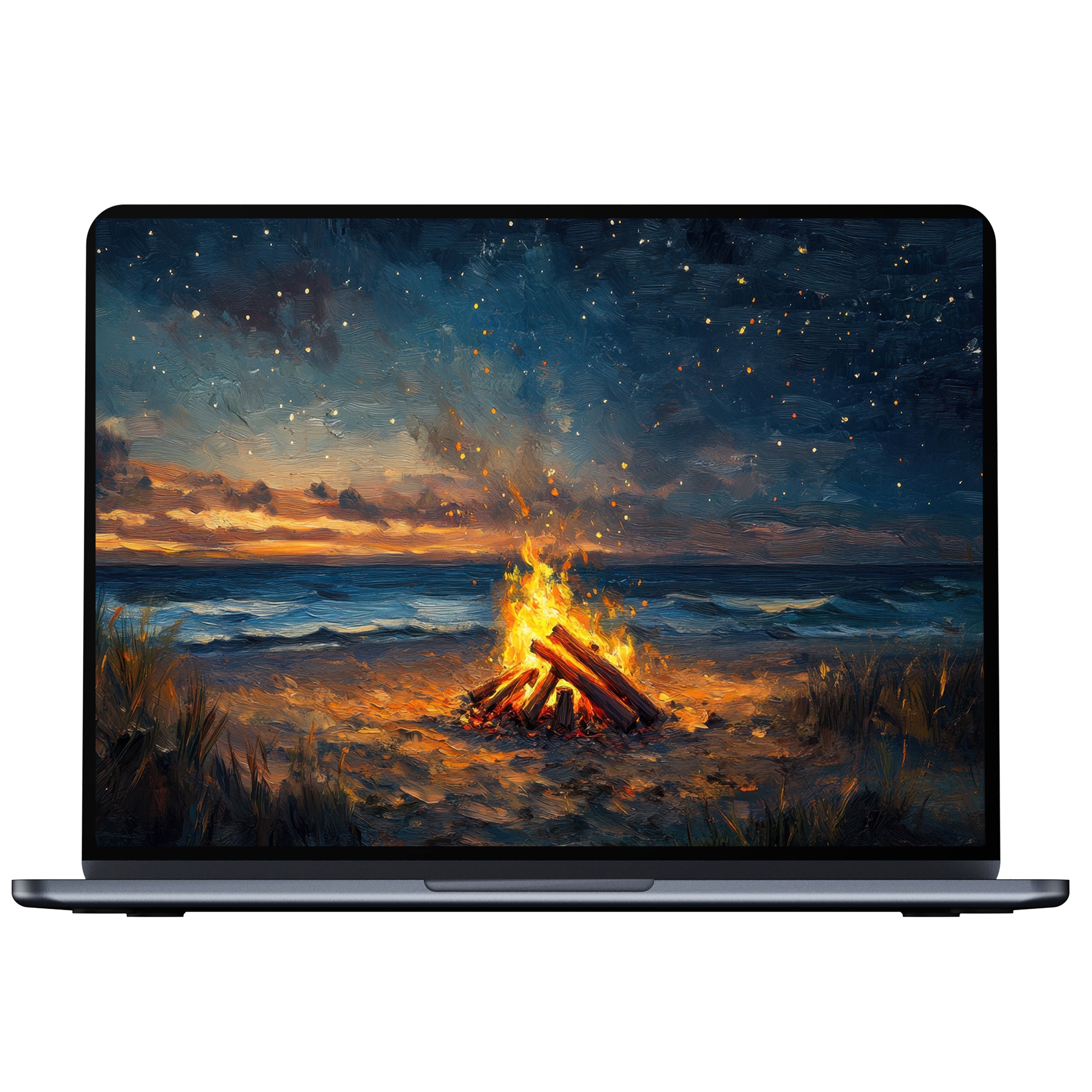 Beach desktop wallpaper digital download features a serene bonfire under a starry sky, ideal for PC and laptop tranquility