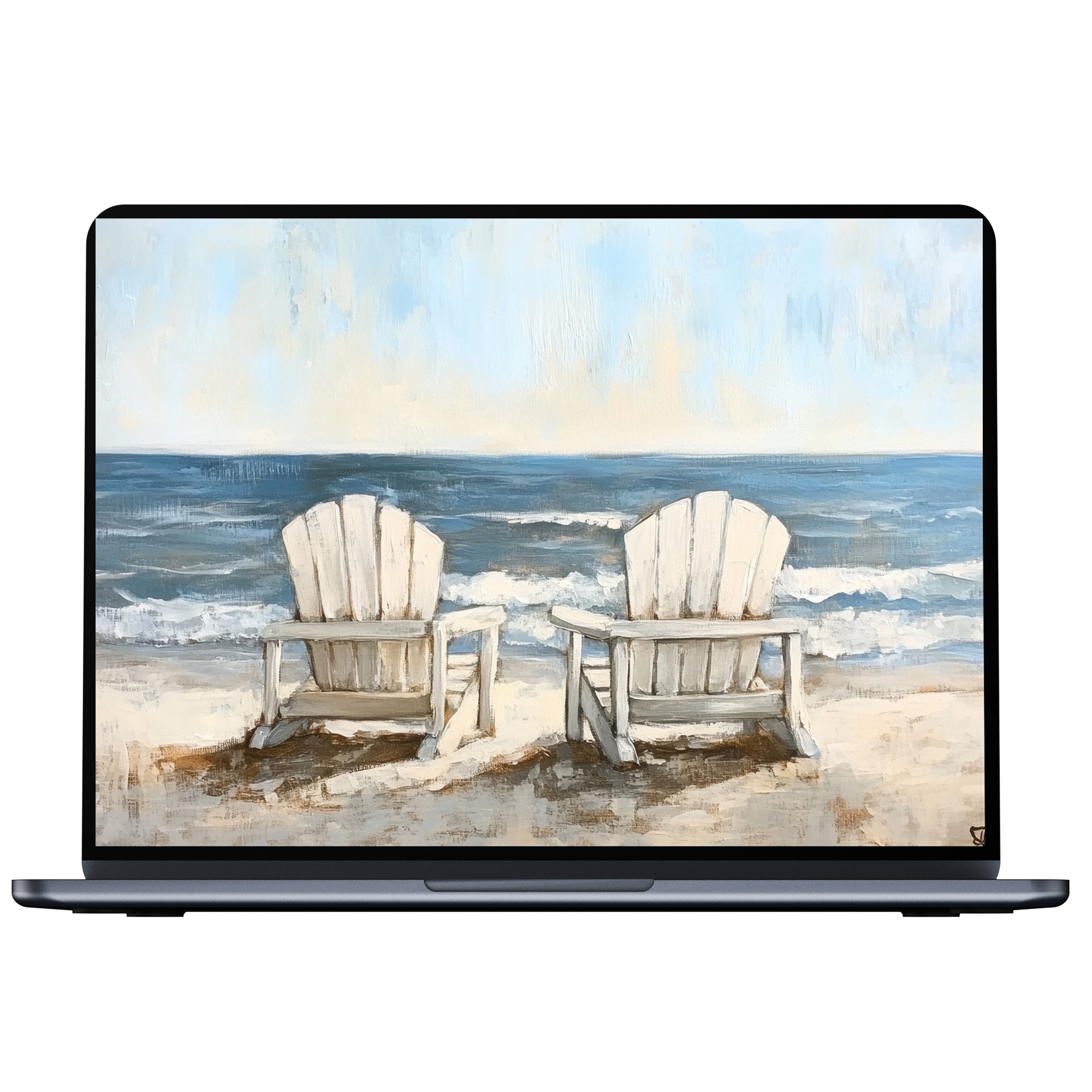 Beach desktop wallpaper featuring serene ocean waves and two chairs evokes calm and elegance, ideal digital download for PC or laptop