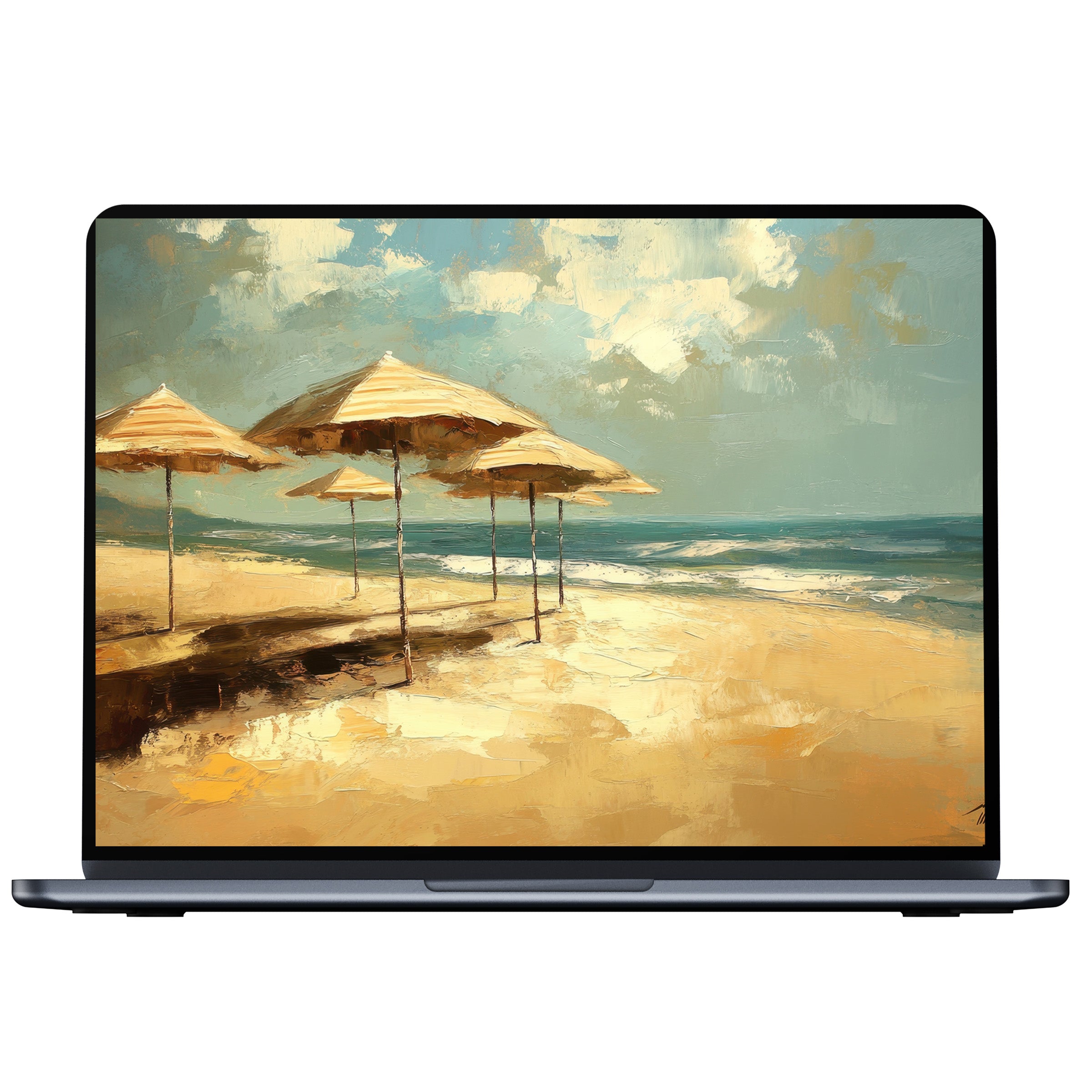 Serene beach desktop wallpaper with textured sunshades on sandy shore for digital download, perfect for PC, laptop, or Mac users