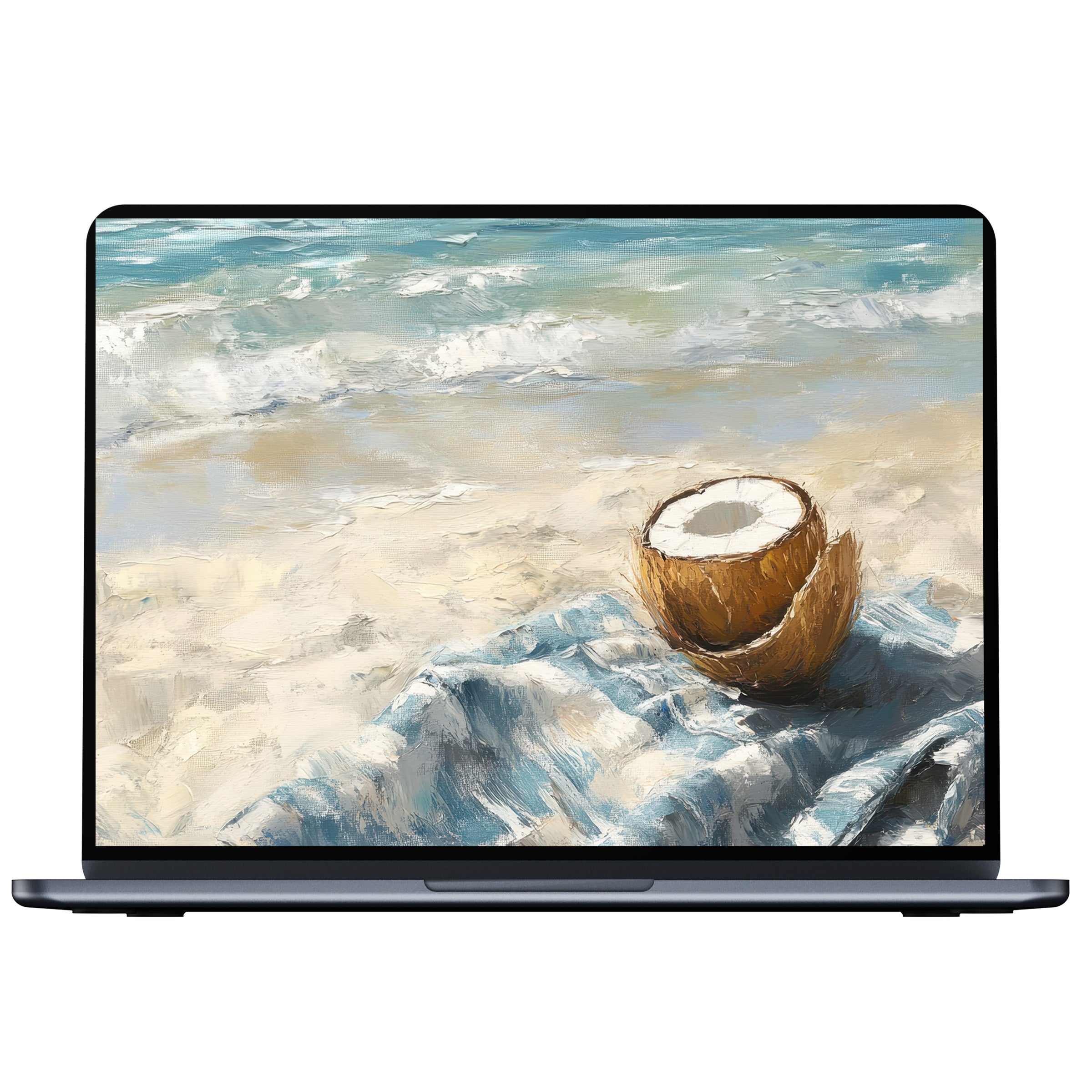 Beach desktop wallpaper with serene waves and coconut artistry offers calm inspiration for PC, laptop, Mac digital download