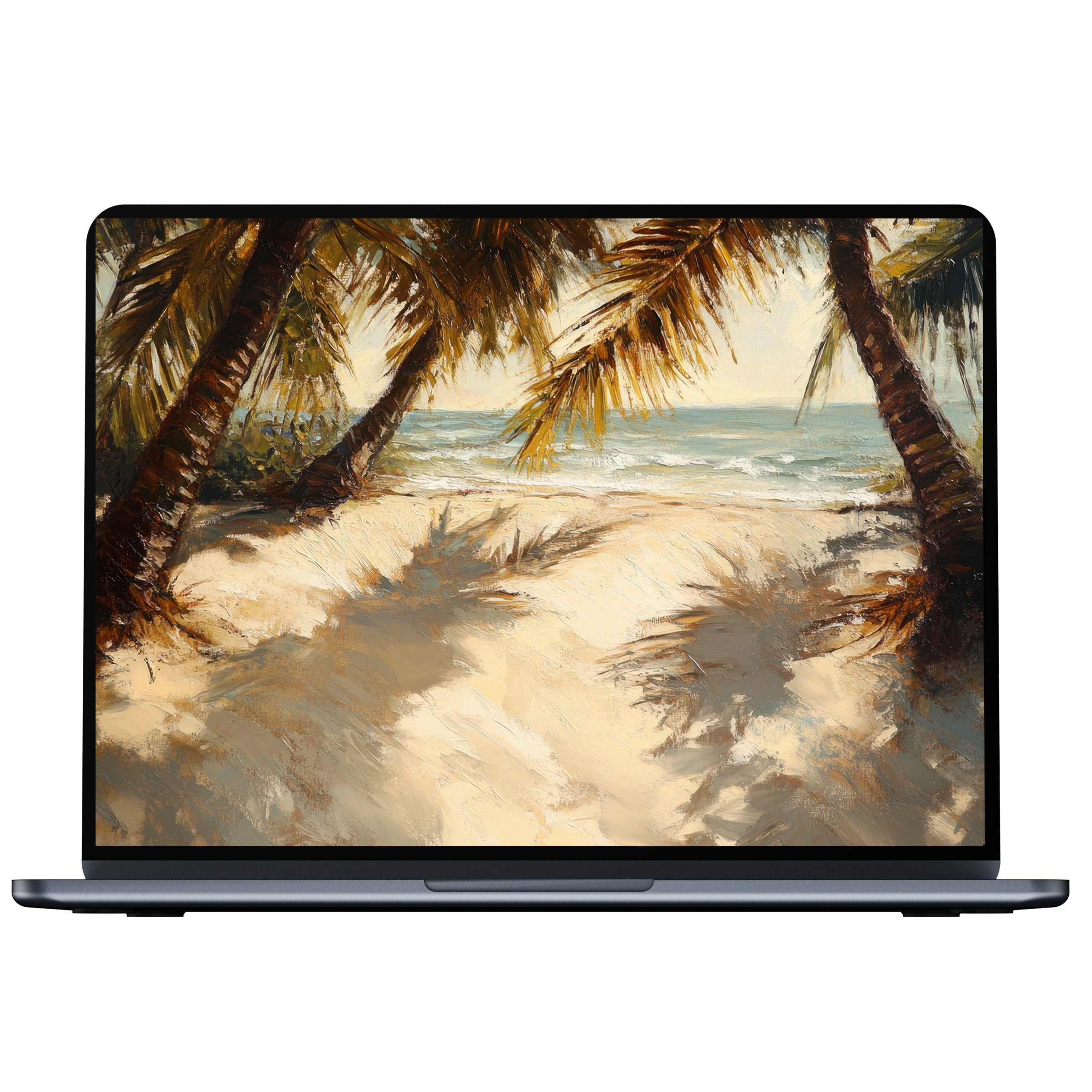 Elegant beach desktop wallpaper showcasing a serene sandy shore with palm shadows for PC and laptop digital download serenity