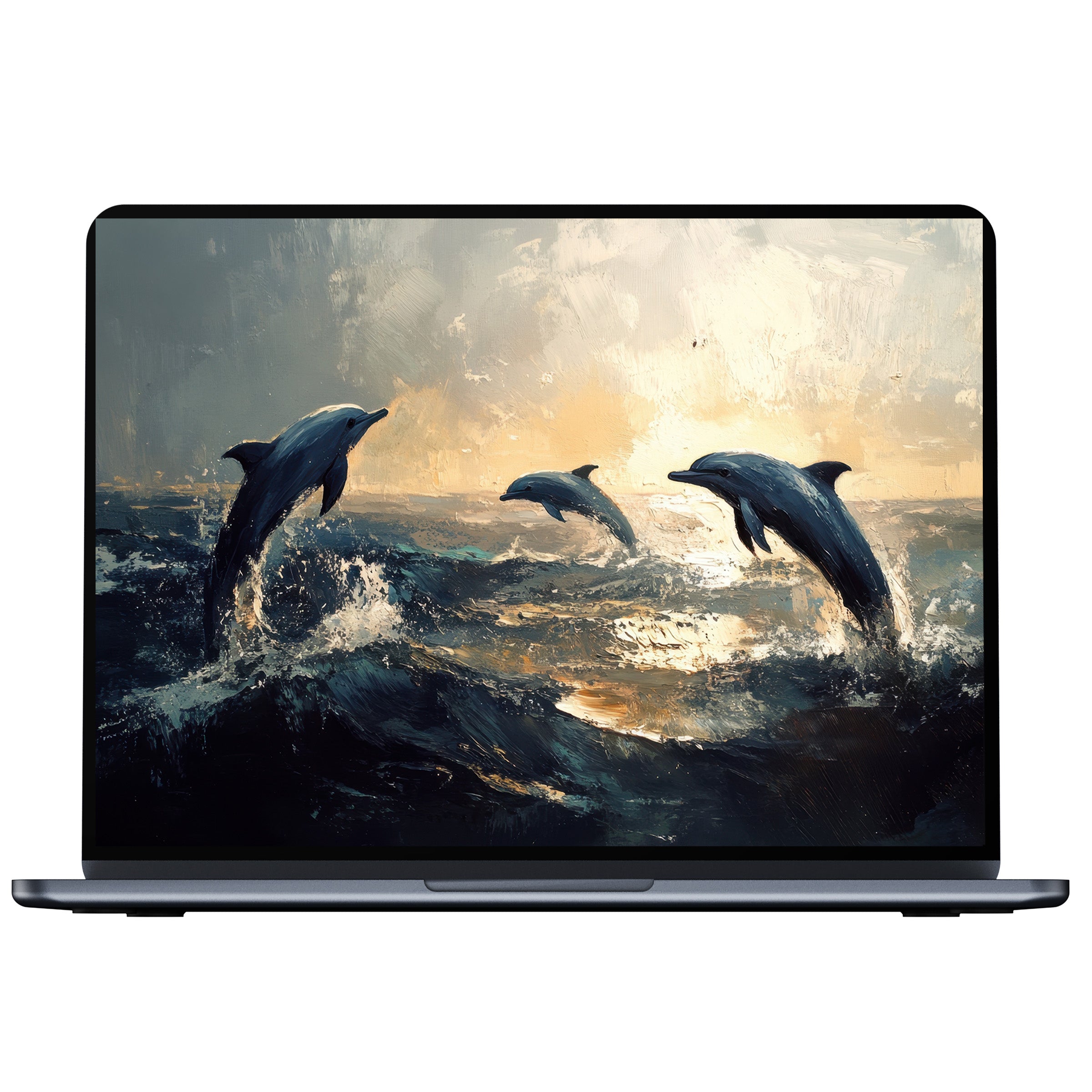 Elegant beach desktop wallpaper with dolphins and ocean waves, offering calm and inspiration for pc or laptop digital download