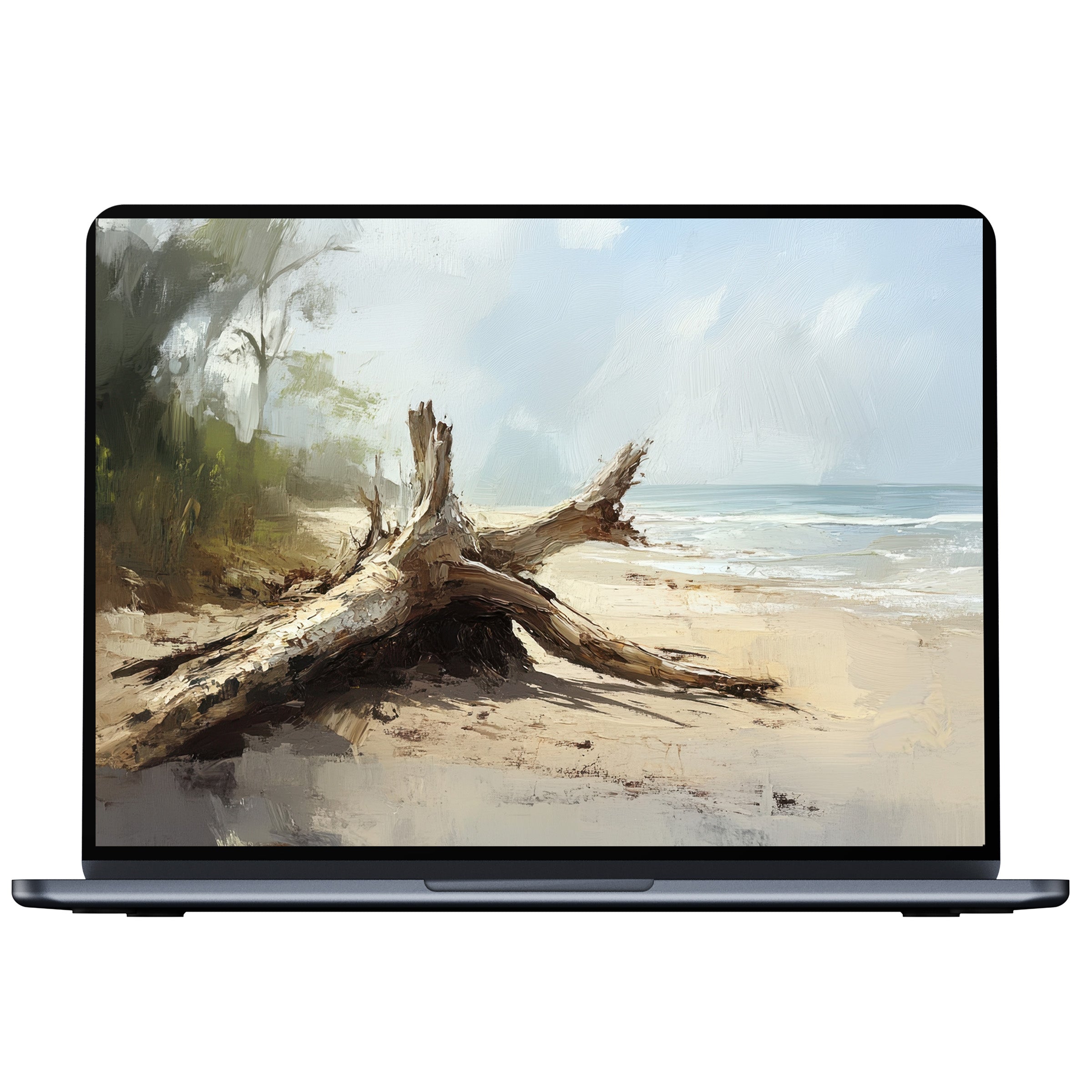 Tranquil beach desktop wallpaper with serene driftwood scene offers calm elegance for PC, laptop, and Mac digital download