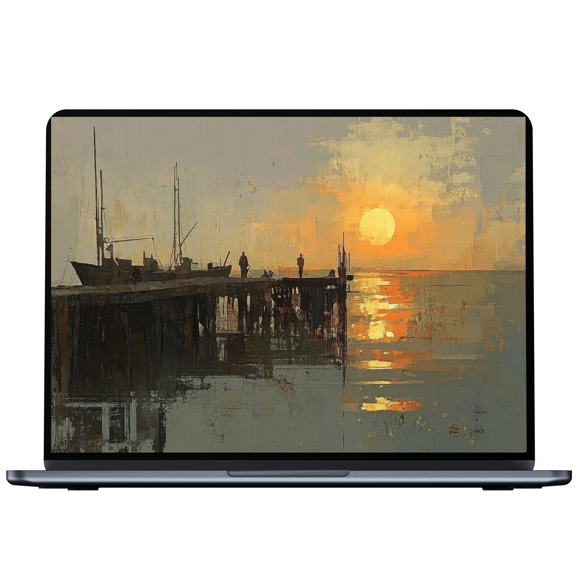 Sunset beach desktop wallpaper digital download with serene pier scene in warm hues fits elegantly on PC or laptop screens