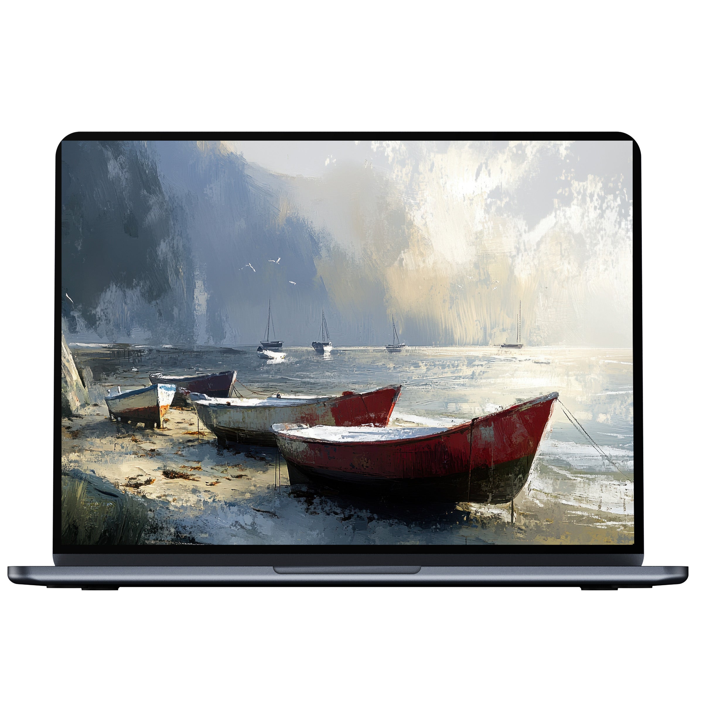 Serene beach desktop wallpaper with painted boats and soothing colors offers digital download for PC, laptop, and Mac users