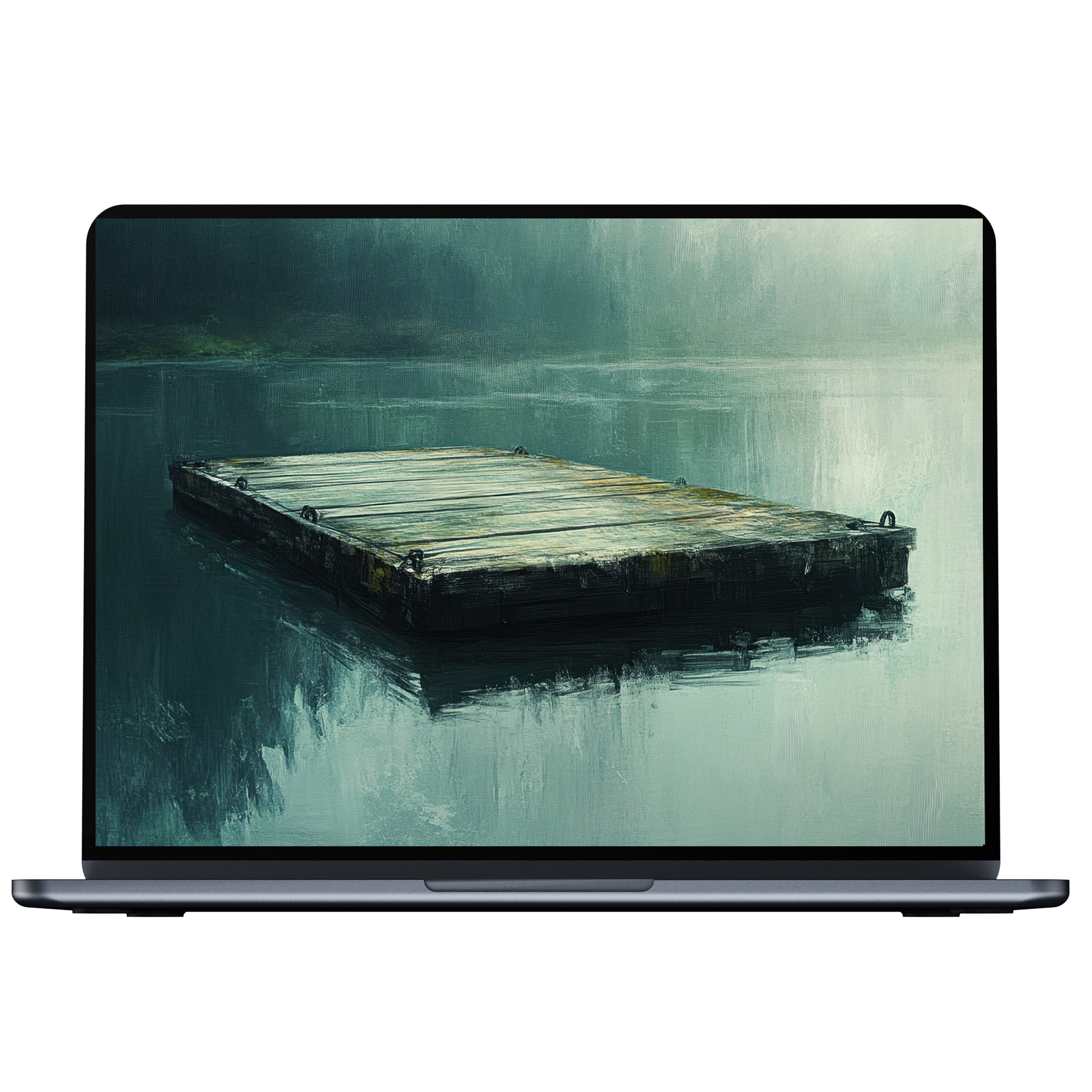 Serene beach desktop wallpaper digital download with misty dock, perfect for PC, laptop, or Mac, inspires calm elegance