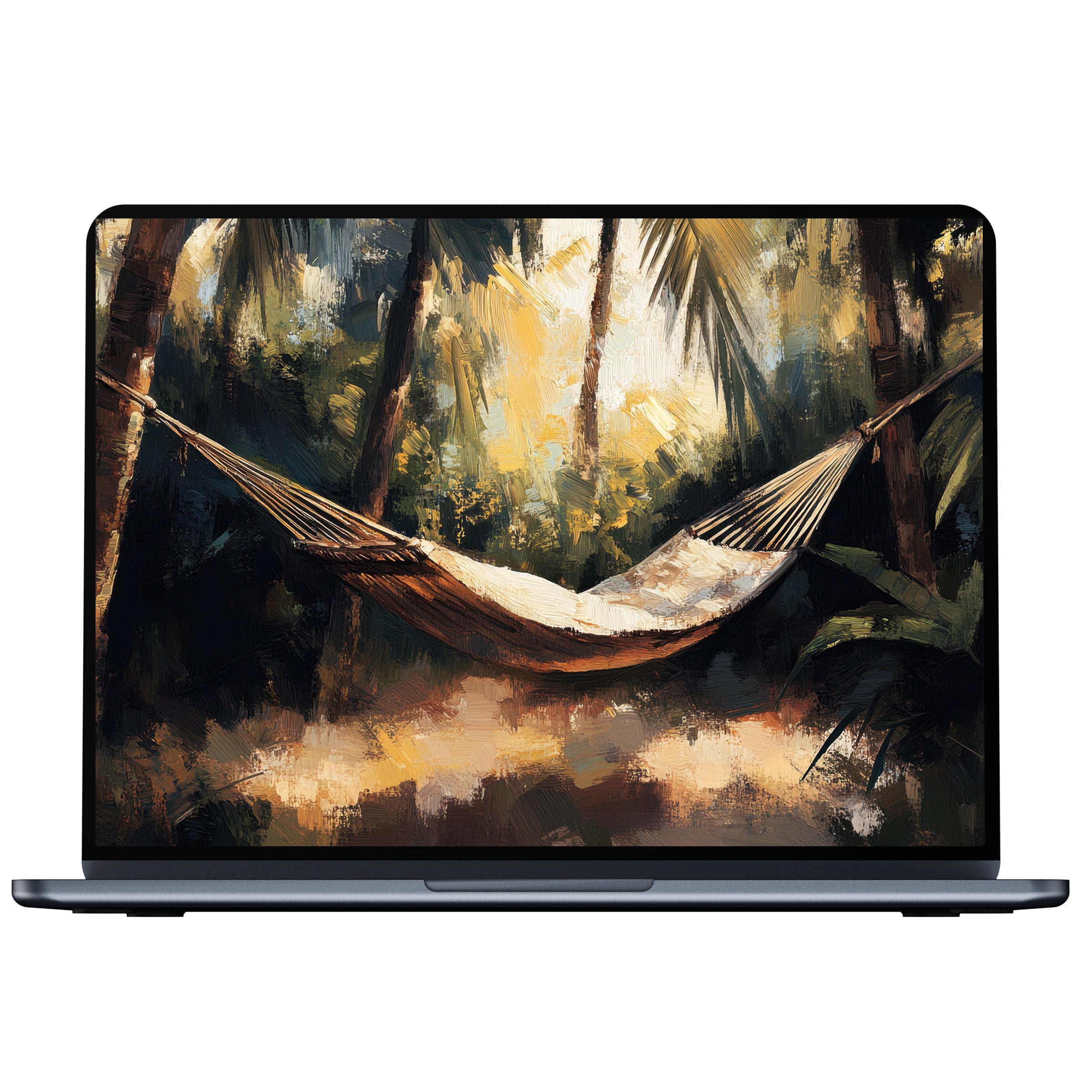 Beach desktop wallpaper digital download featuring an elegant hammock scene in lush tones fits PC laptop Mac for serene inspiration