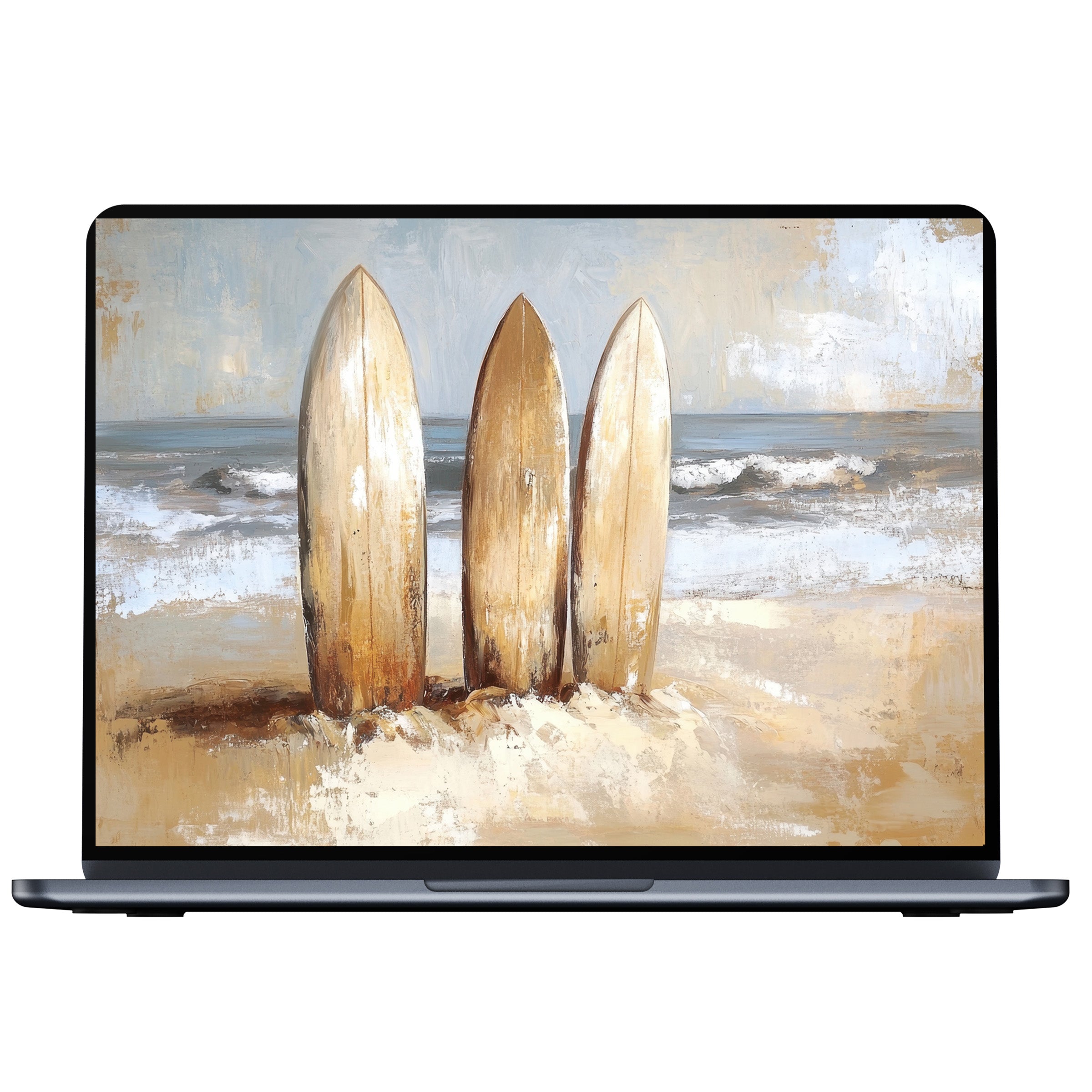 Elegant beach desktop wallpaper with calming surfboards and waves offers inspiration and mindfulness as a digital download for PC or laptop