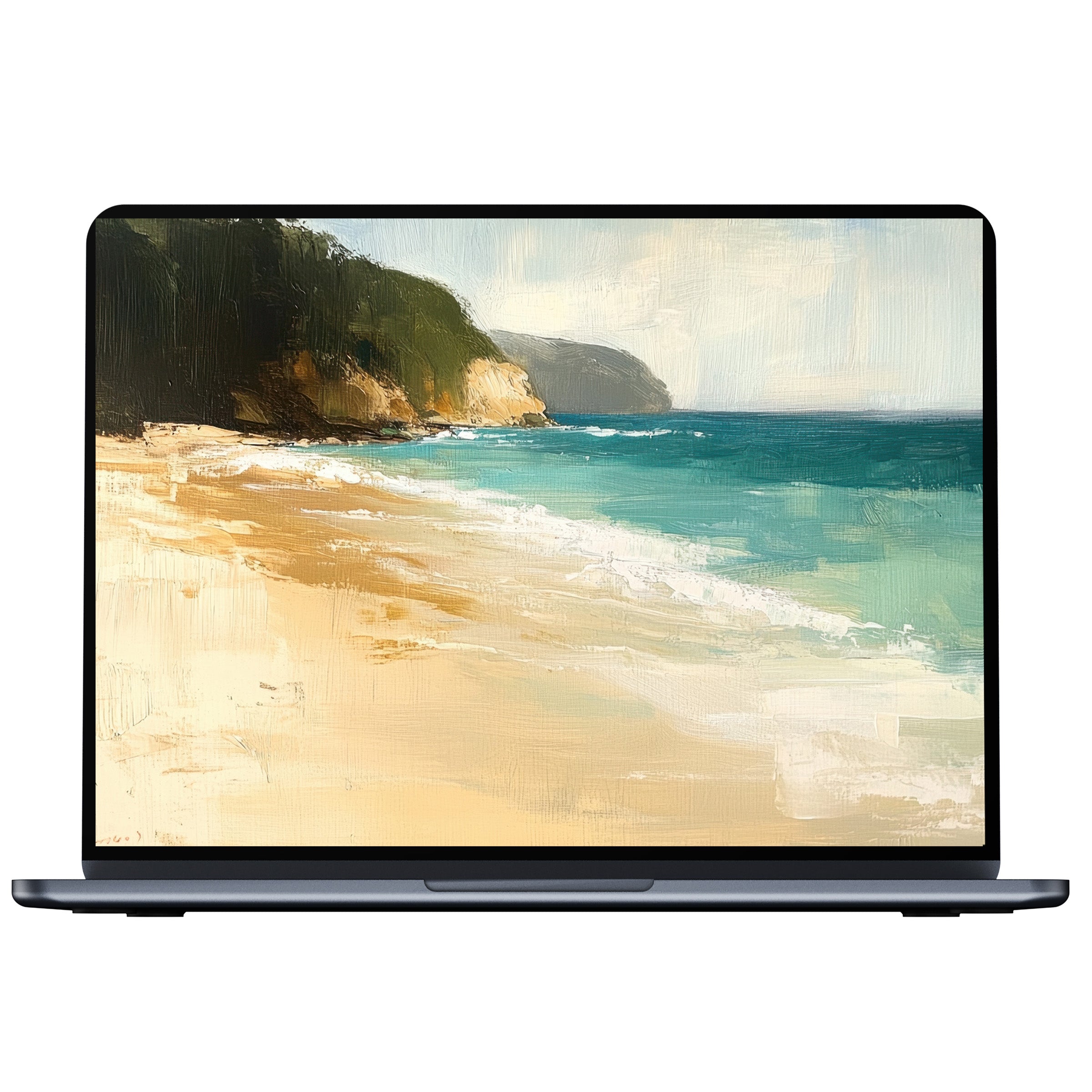 Beach desktop wallpaper digital download with serene brushstrokes of sandy shores and azure waves perfect for PC and laptop screens