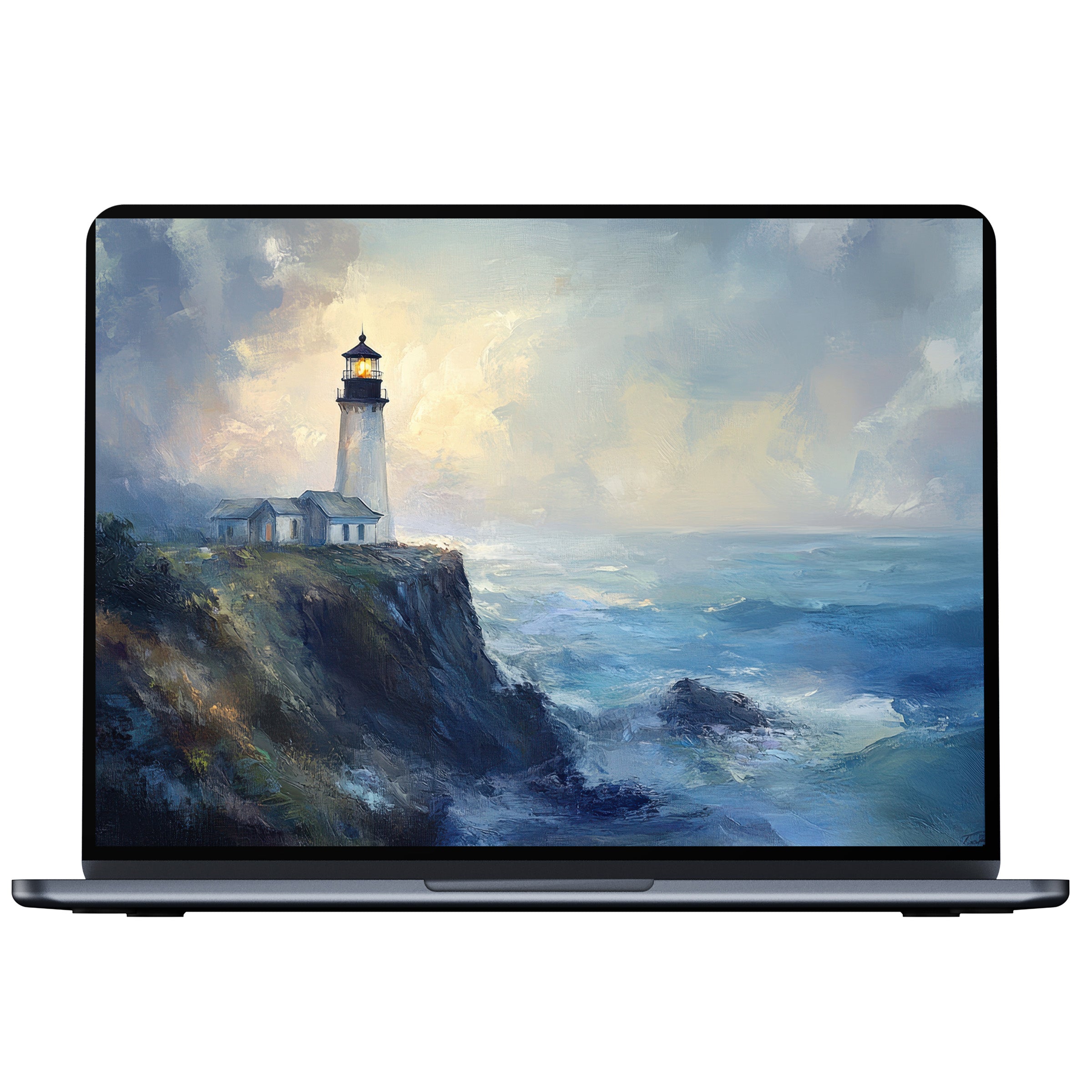 Elegant beach desktop wallpaper depicting a serene lighthouse on a rocky shore, perfect digital download for PC, laptop, and Mac