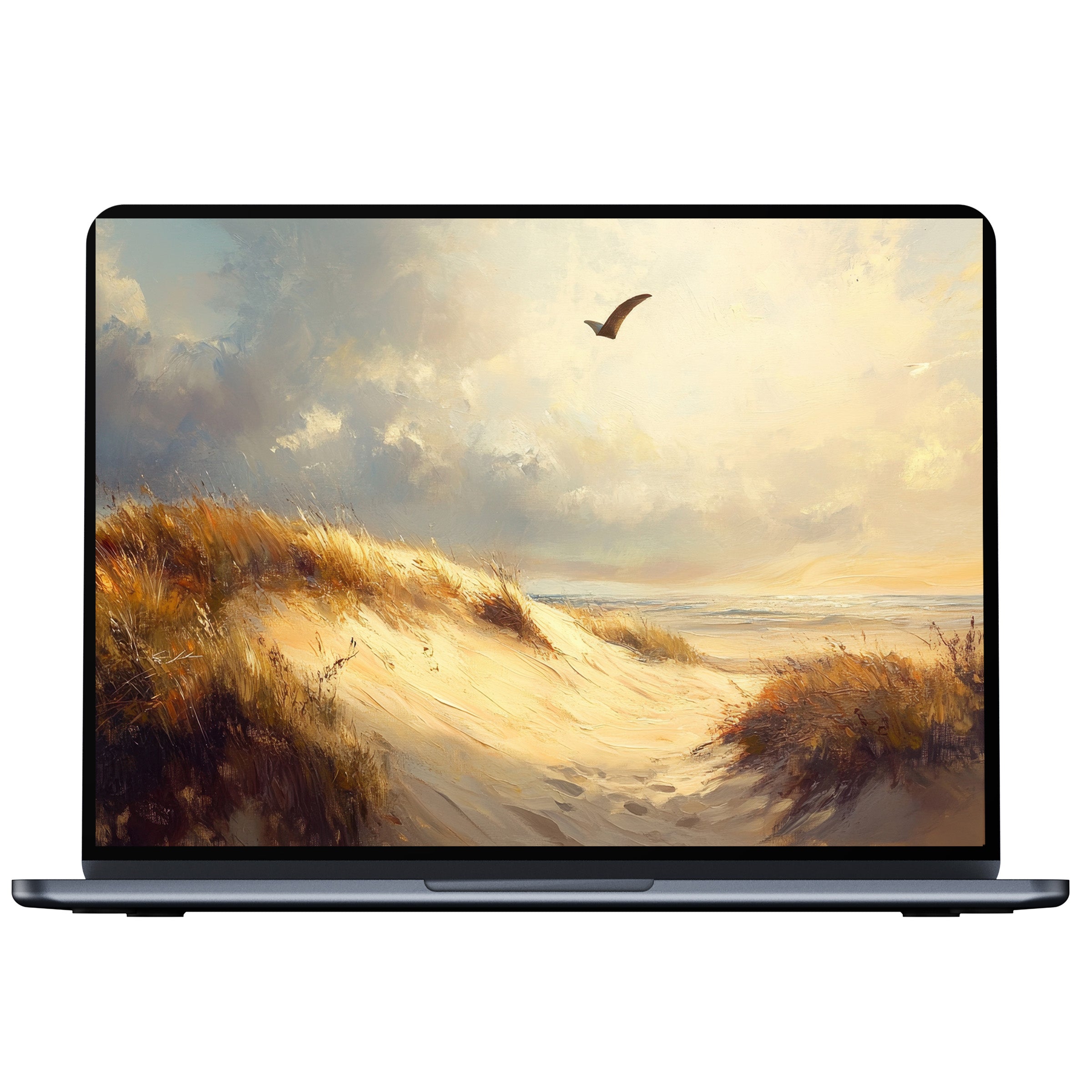 Beach desktop wallpaper digital download featuring serene sandy dunes and a soaring bird for PC, laptop, or Mac tranquility