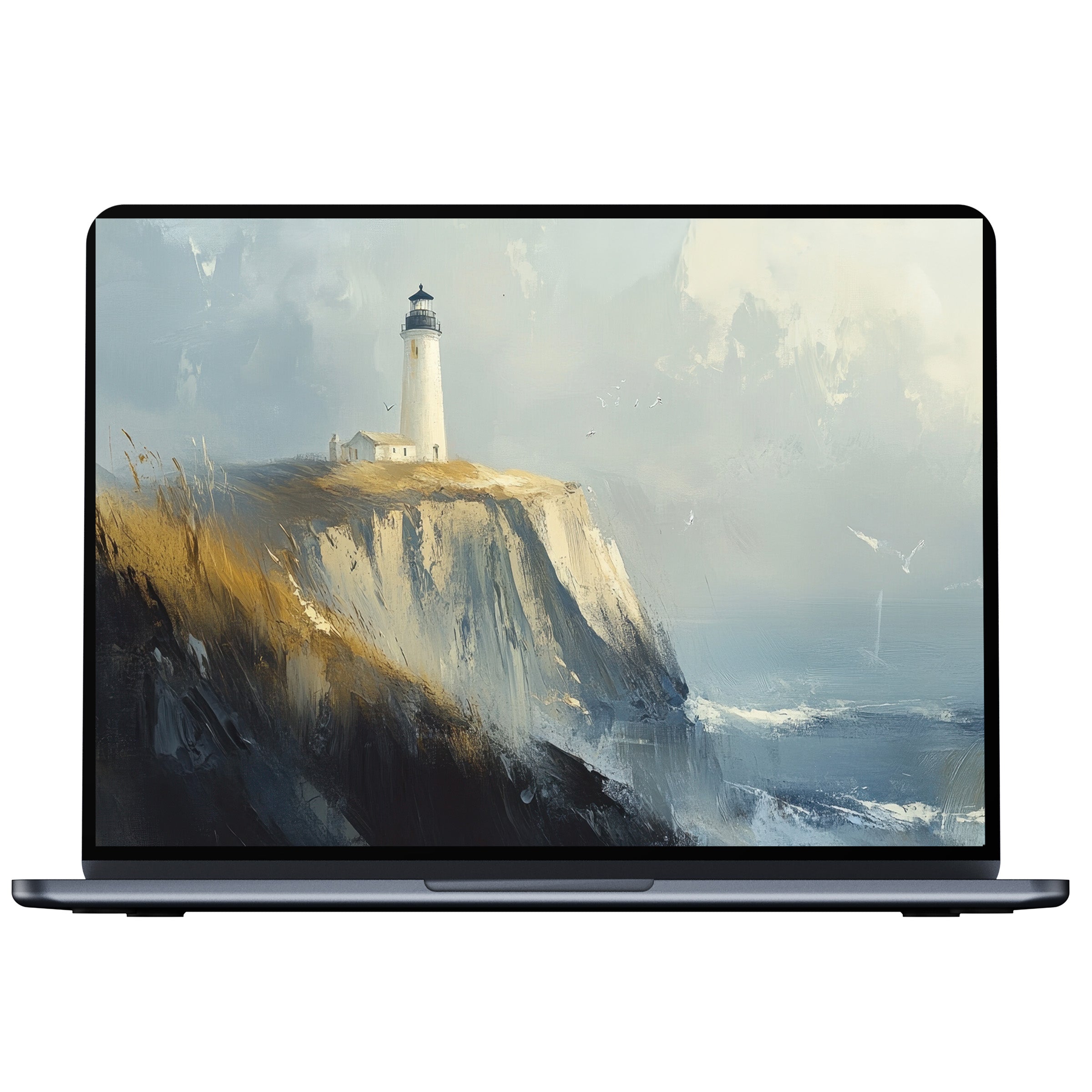 Elegant digital download beach desktop wallpaper featuring a serene lighthouse on a misty cliff perfect for PC or laptop backgrounds